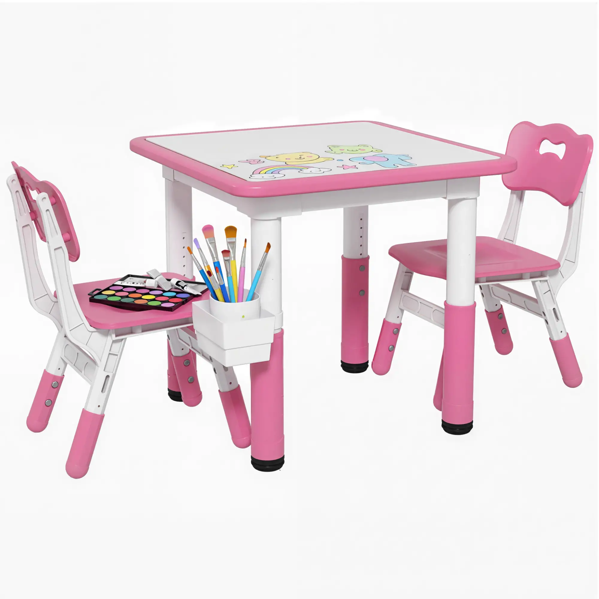 3 Pc Toddler Table Chair Set, Adjustable Height w/ Storage, Playroom, Pink - Image 11