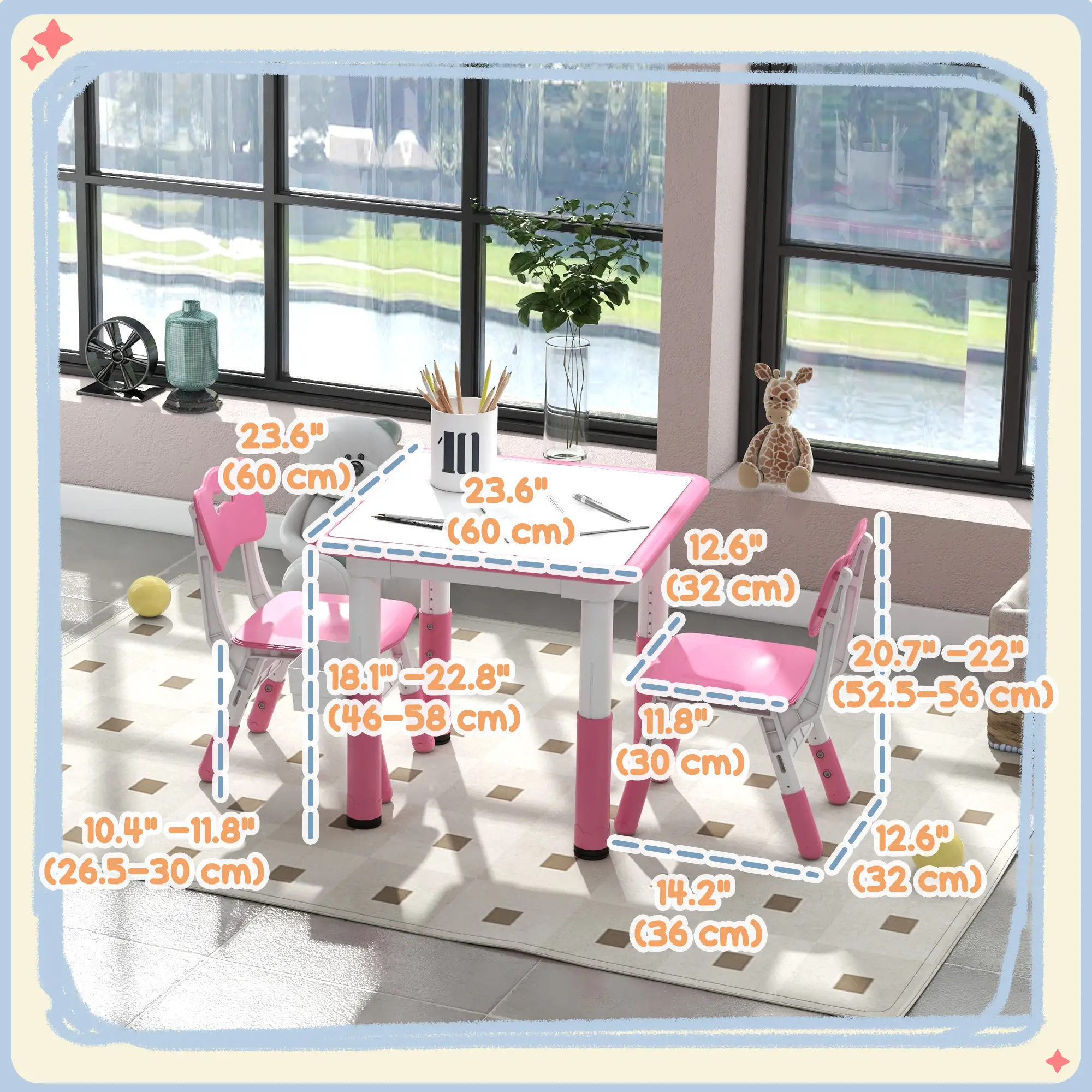 3 Pc Toddler Table Chair Set, Adjustable Height w/ Storage, Playroom, Pink - Image 3