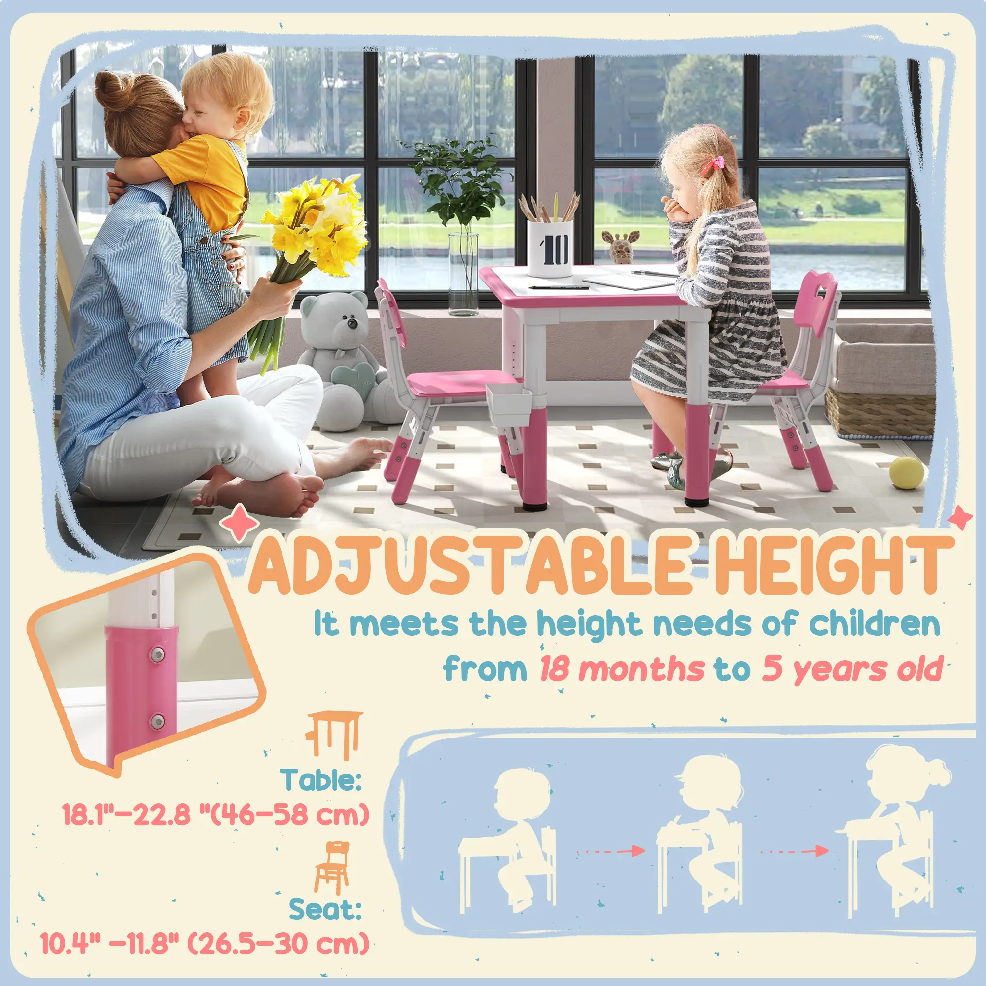3 Pc Toddler Table Chair Set, Adjustable Height w/ Storage, Playroom, Pink - Image 4