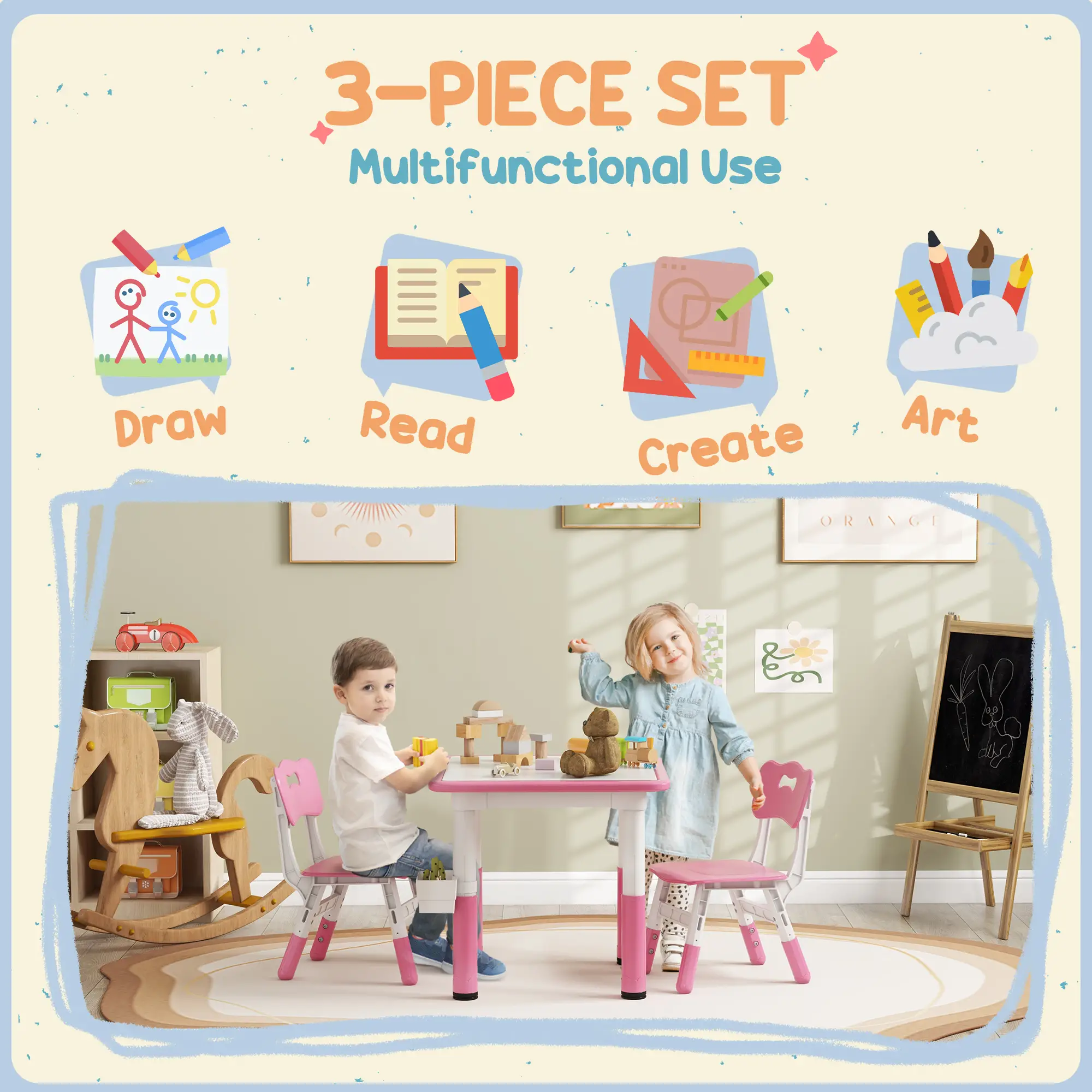 3 Pc Toddler Table Chair Set, Adjustable Height w/ Storage, Playroom, Pink - Image 5