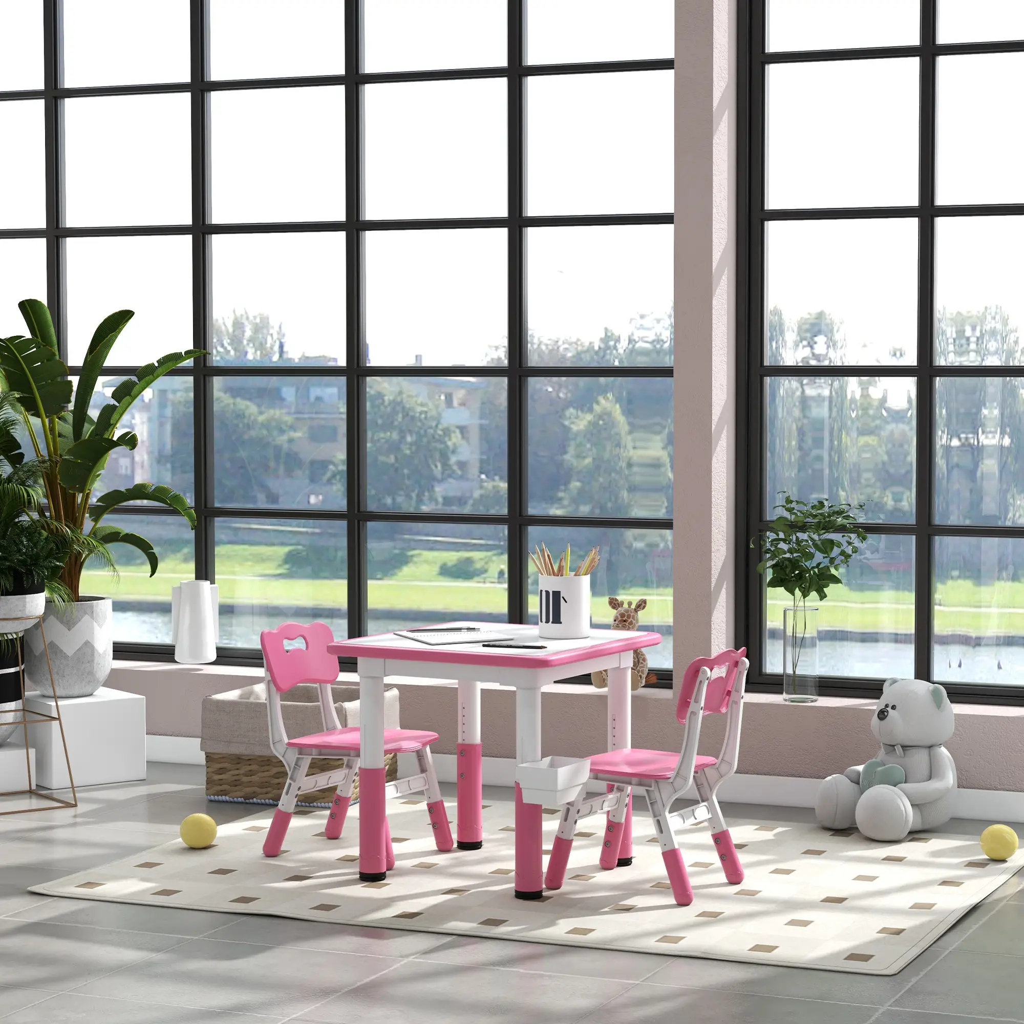3 Pc Toddler Table Chair Set, Adjustable Height w/ Storage, Playroom, Pink - Image 8