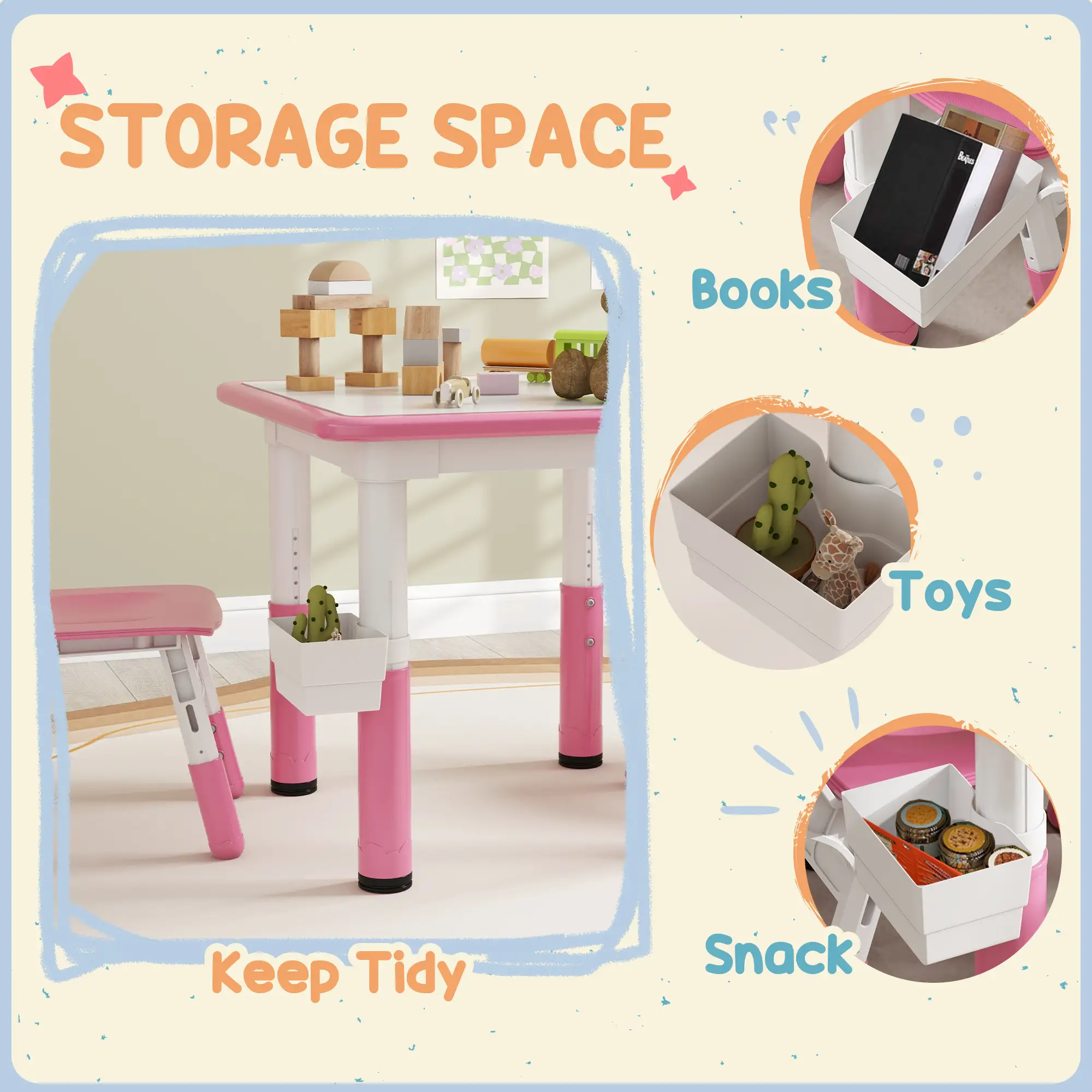 3 Pc Toddler Table Chair Set, Adjustable Height w/ Storage, Playroom, Pink - Image 9