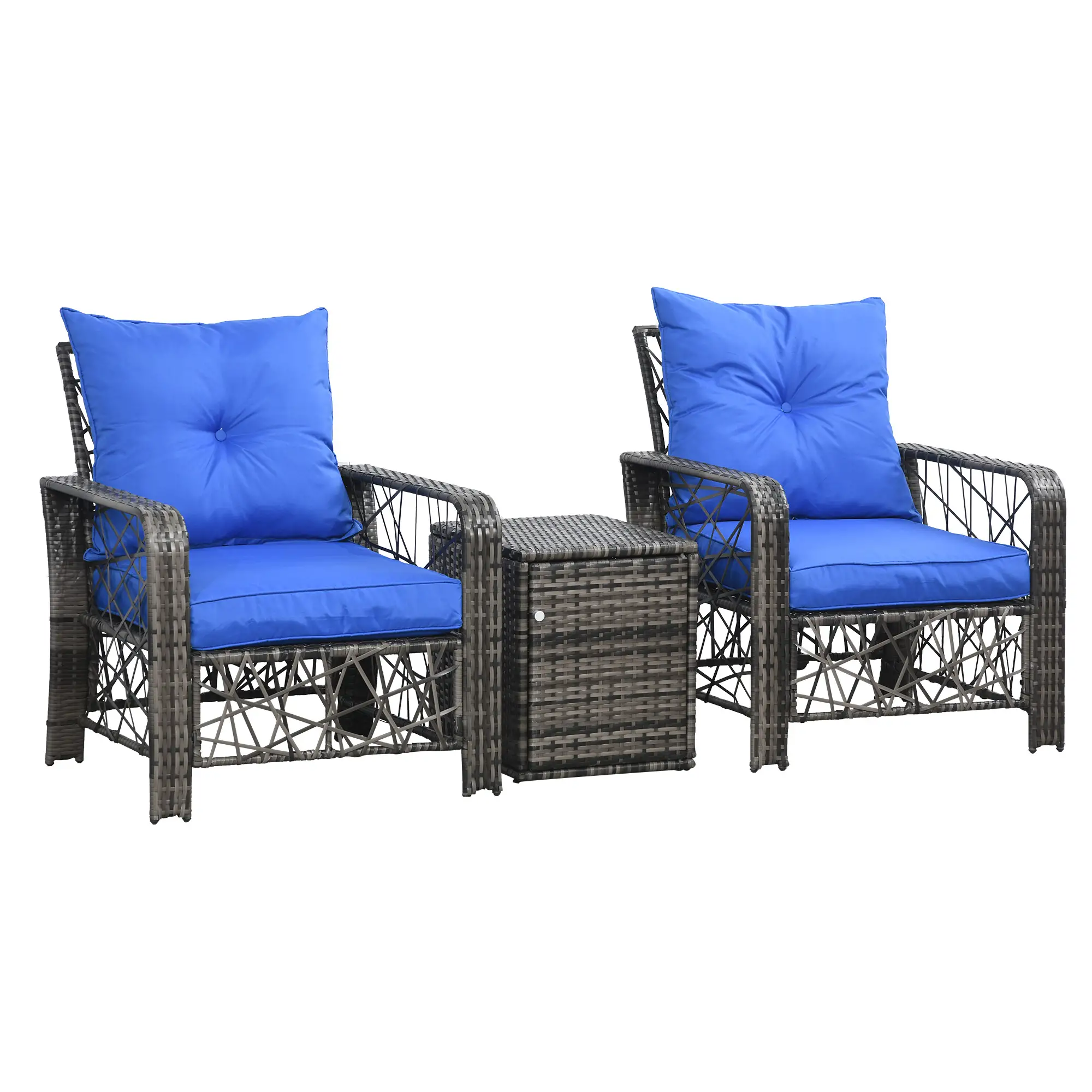 3 Pc Wicker Patio Set, Rattan Bistro with Storage Table, Thick Cushions, Blue - Image 11