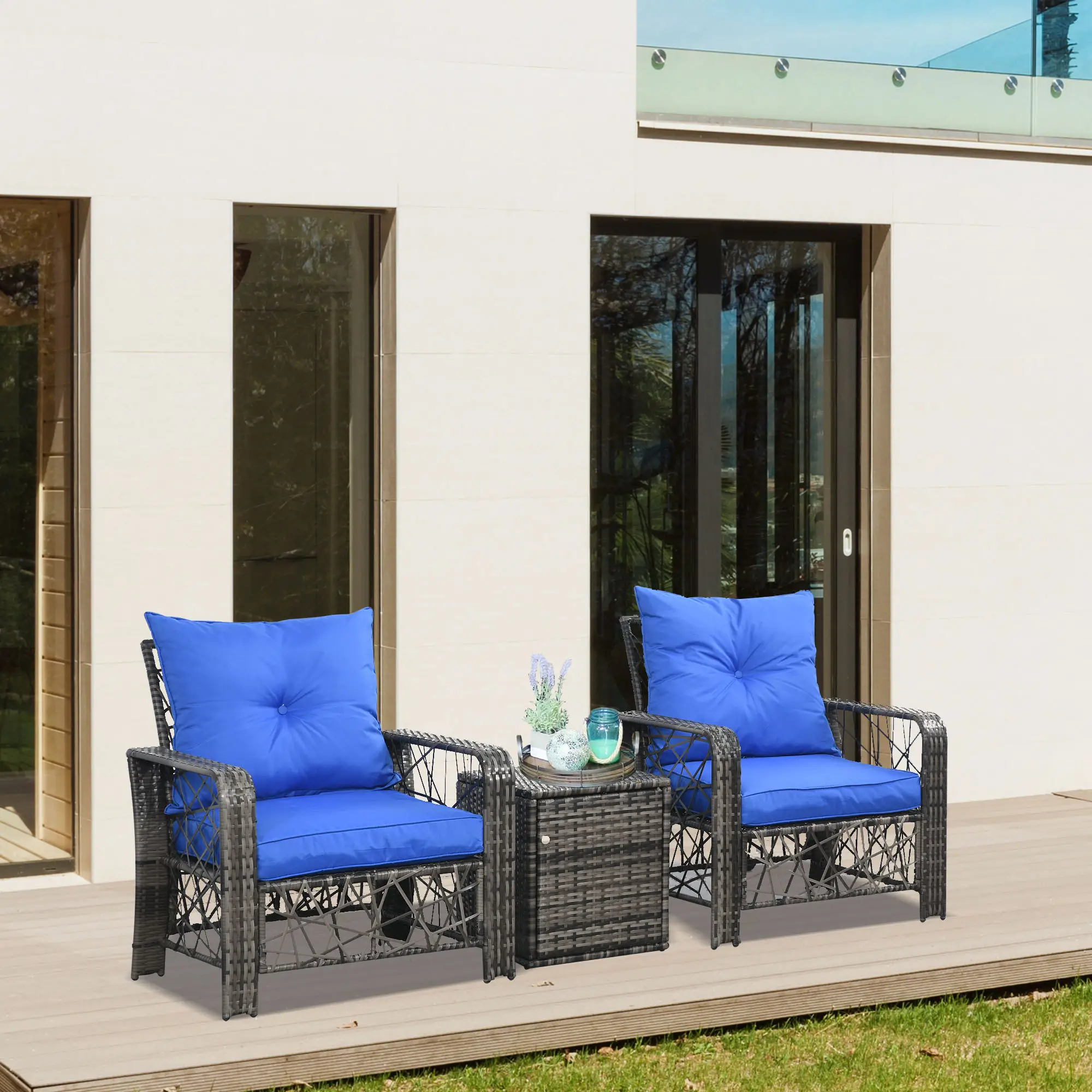 3 Pc Wicker Patio Set, Rattan Bistro with Storage Table, Thick Cushions, Blue - Image 2