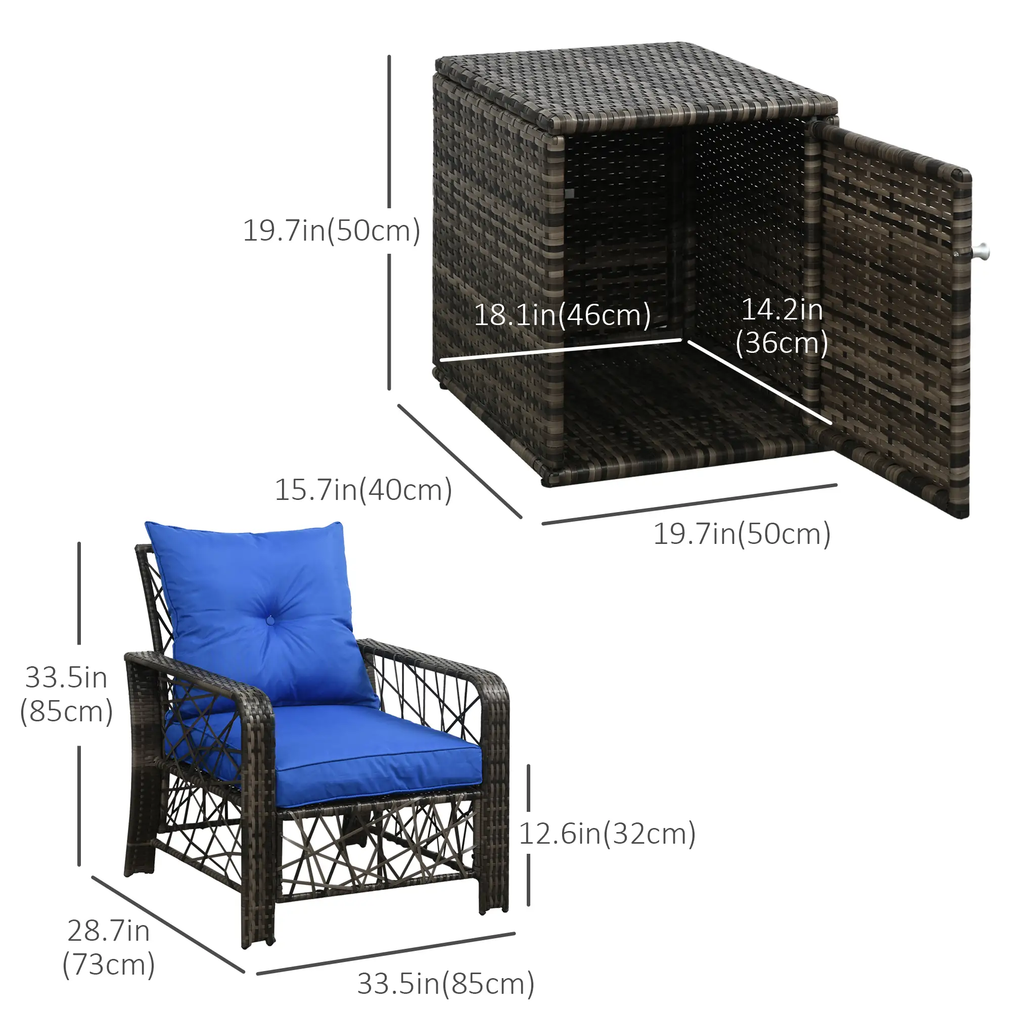 3 Pc Wicker Patio Set, Rattan Bistro with Storage Table, Thick Cushions, Blue - Image 3