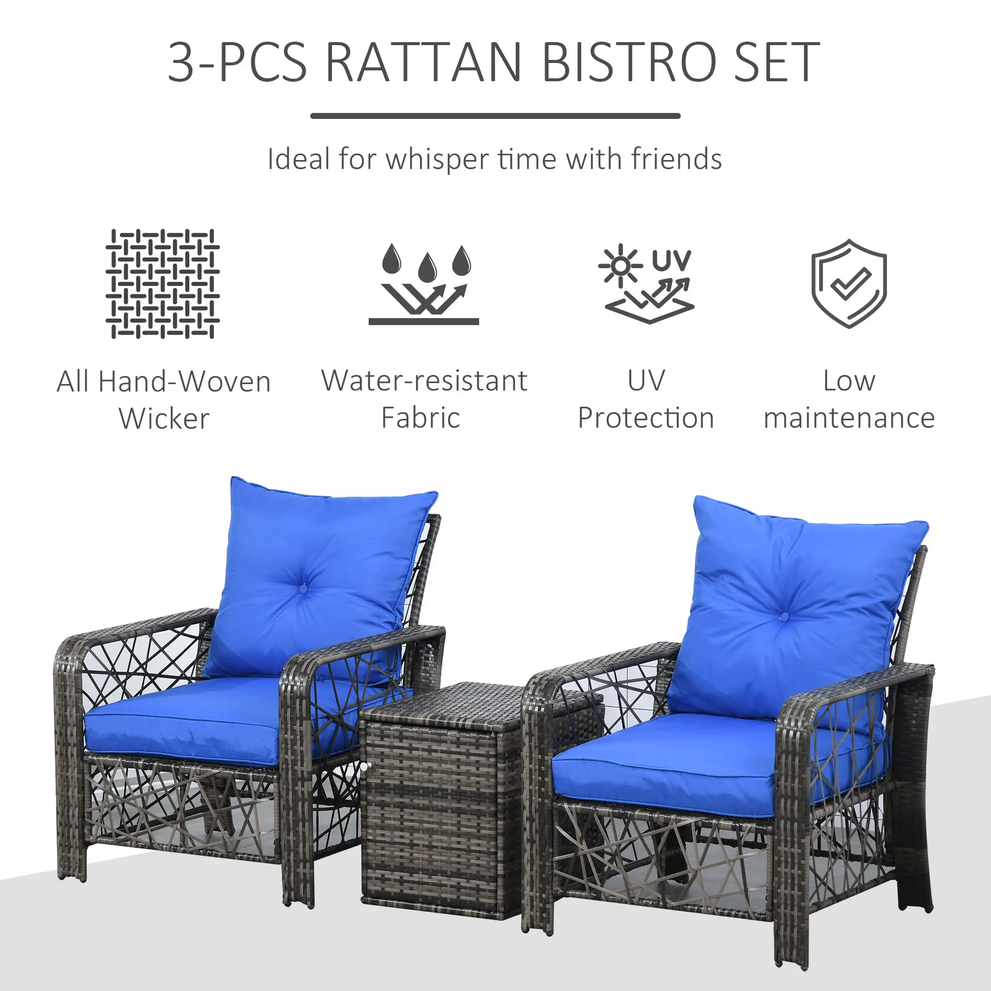 3 Pc Wicker Patio Set, Rattan Bistro with Storage Table, Thick Cushions, Blue - Image 4