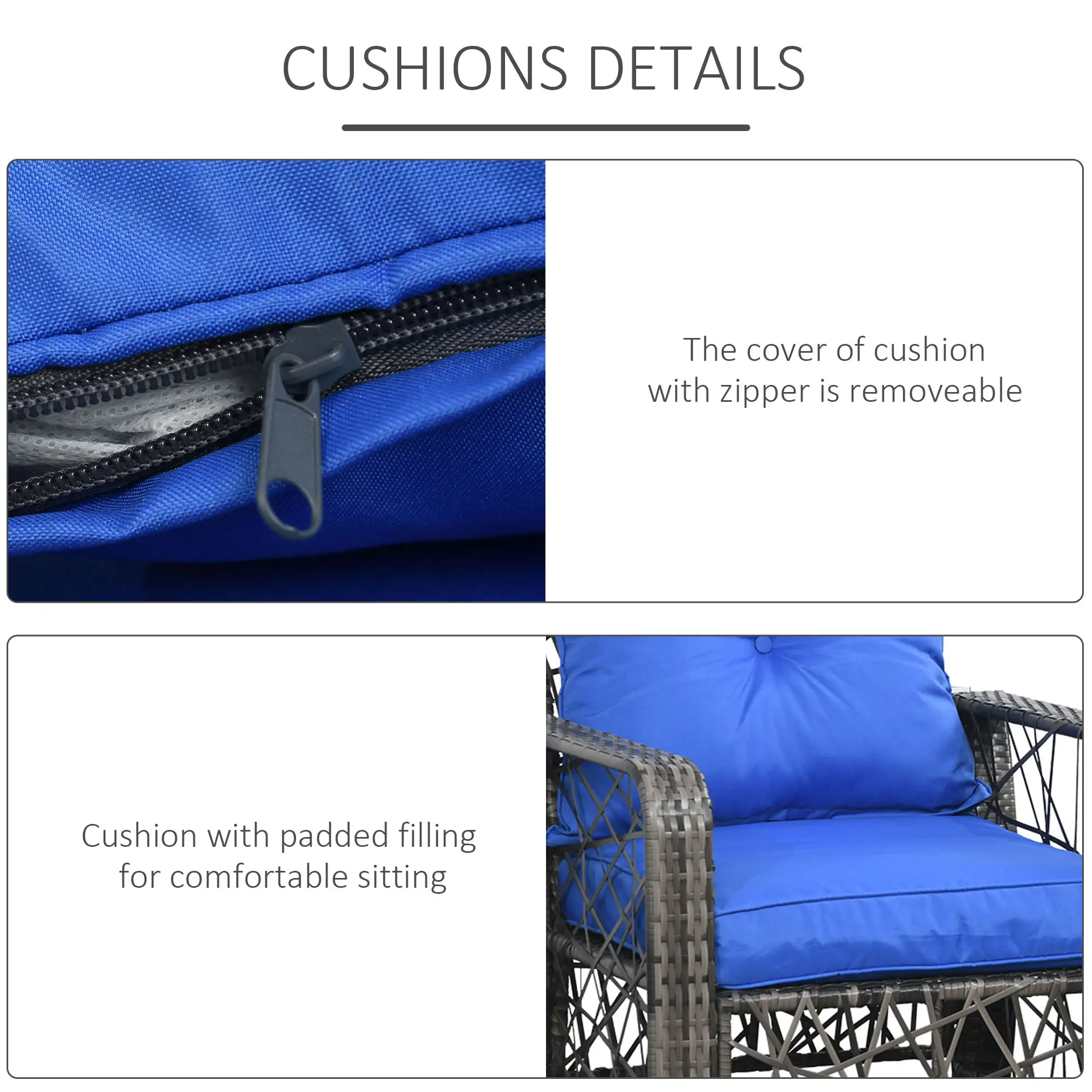 3 Pc Wicker Patio Set, Rattan Bistro with Storage Table, Thick Cushions, Blue - Image 6