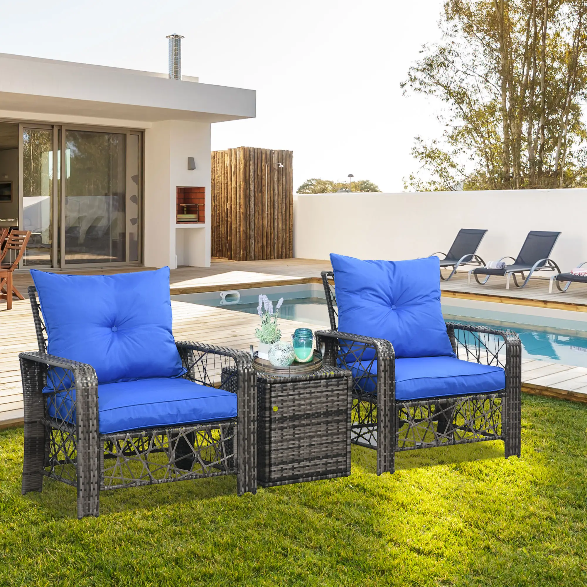 3 Pc Wicker Patio Set, Rattan Bistro with Storage Table, Thick Cushions, Blue - Image 8