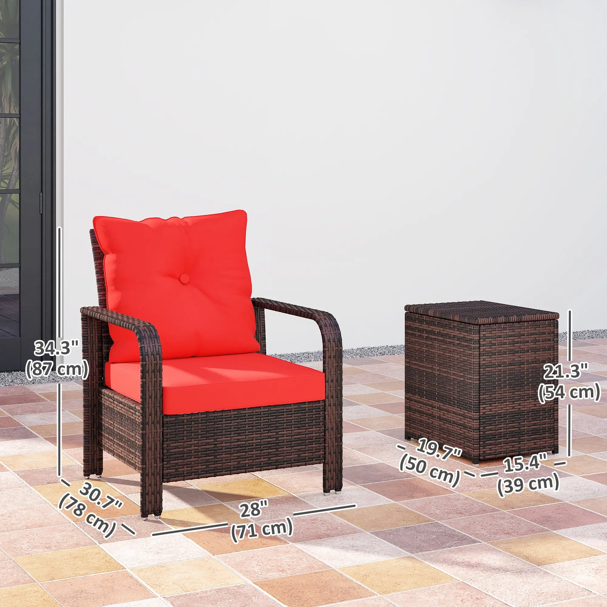 3 Pc Wicker Patio Set, Rattan Bistro with Storage Table, Thickened Cushions, Outdoor Garden Set, Red - Image 3