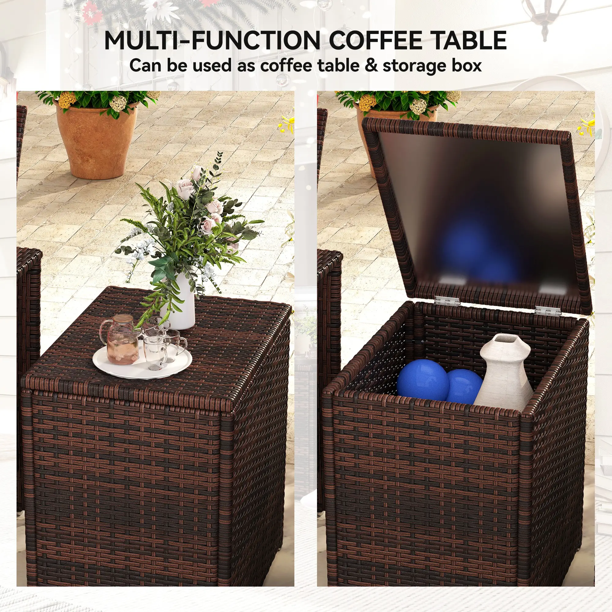 3 Pc Wicker Patio Set, Rattan Bistro with Storage Table, Thickened Cushions, Outdoor Garden Set, Red - Image 5