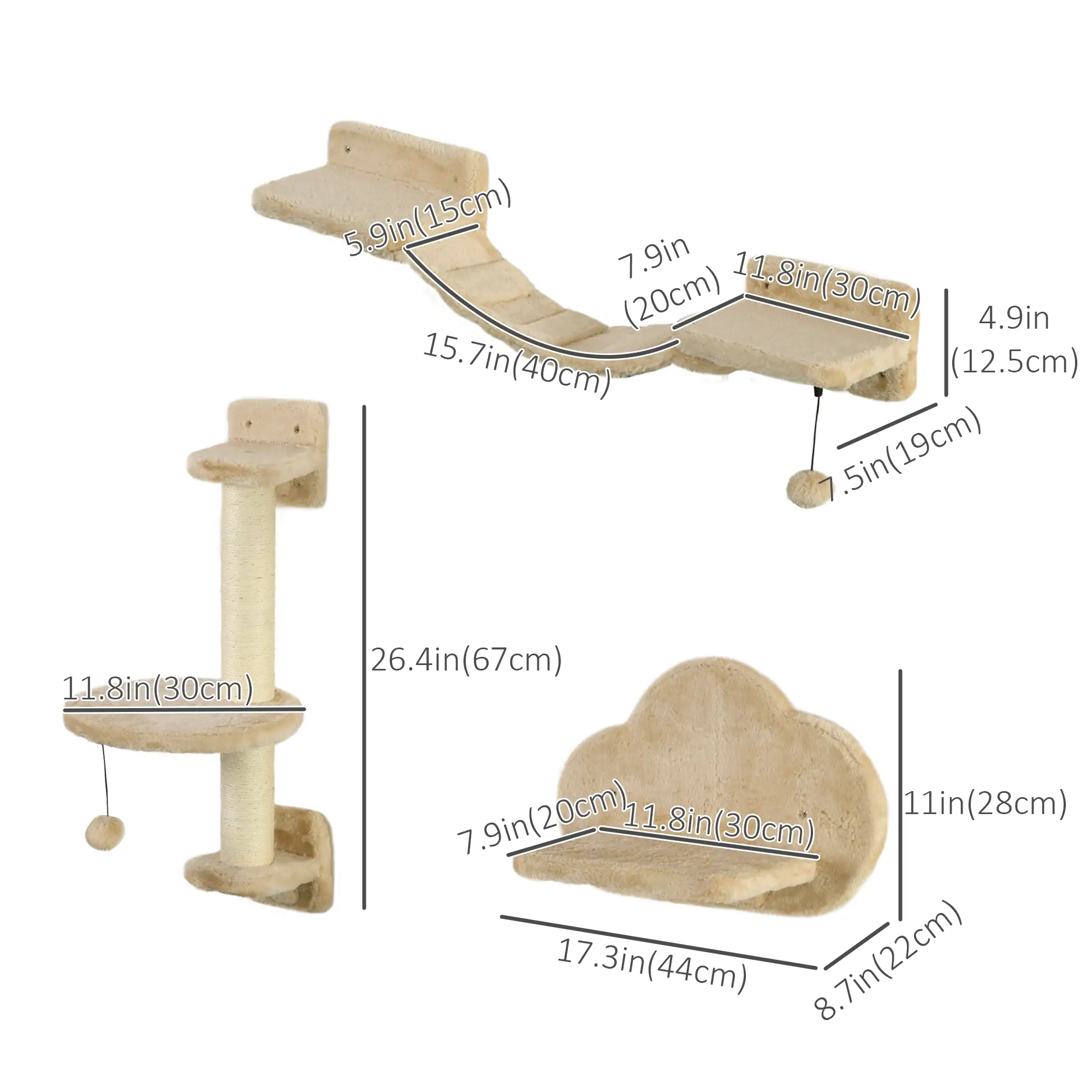 3 Pcs Cat Wall Climber, Scratching Post, Ladder, Perches, Beige - Image 3