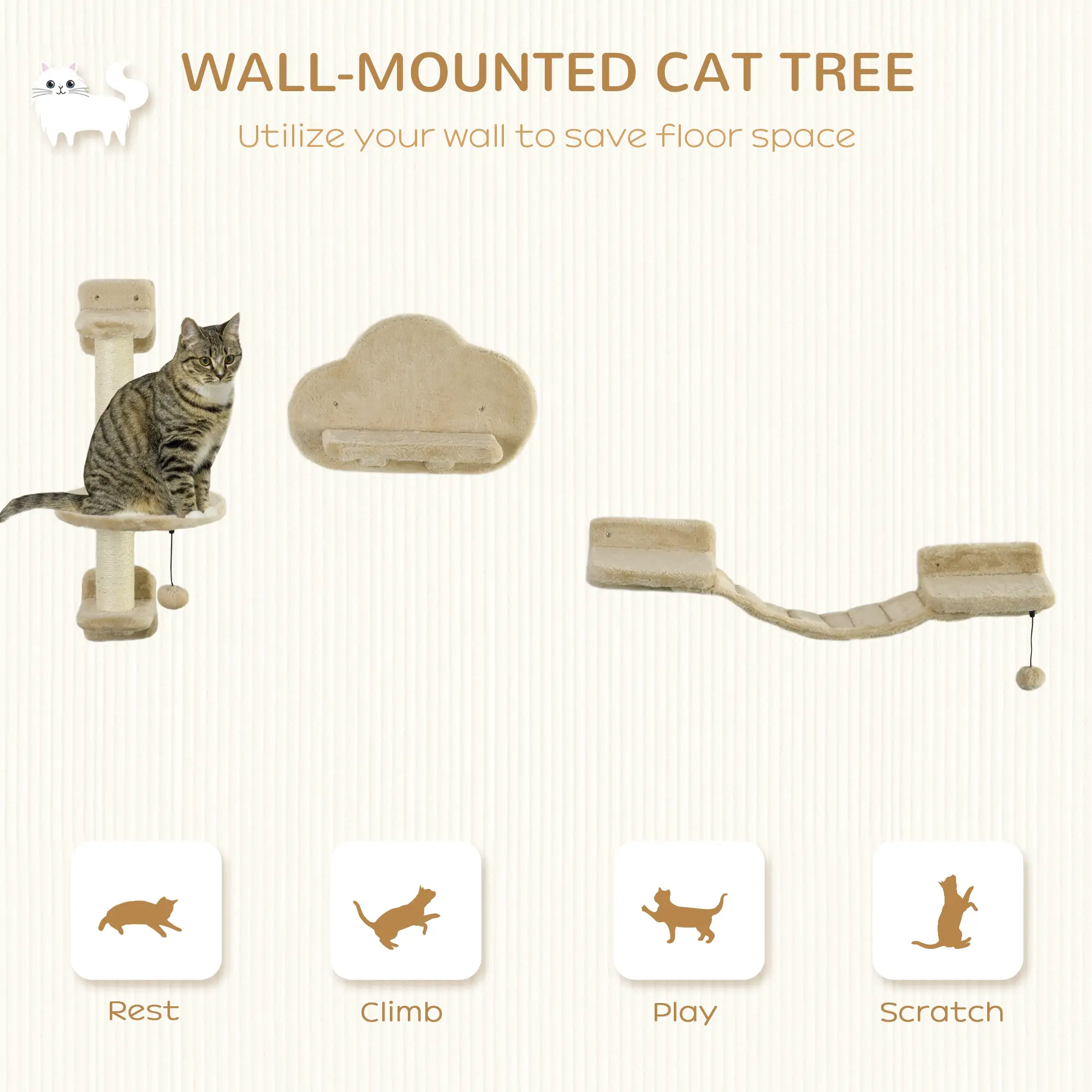 3 Pcs Cat Wall Climber, Scratching Post, Ladder, Perches, Beige - Image 4