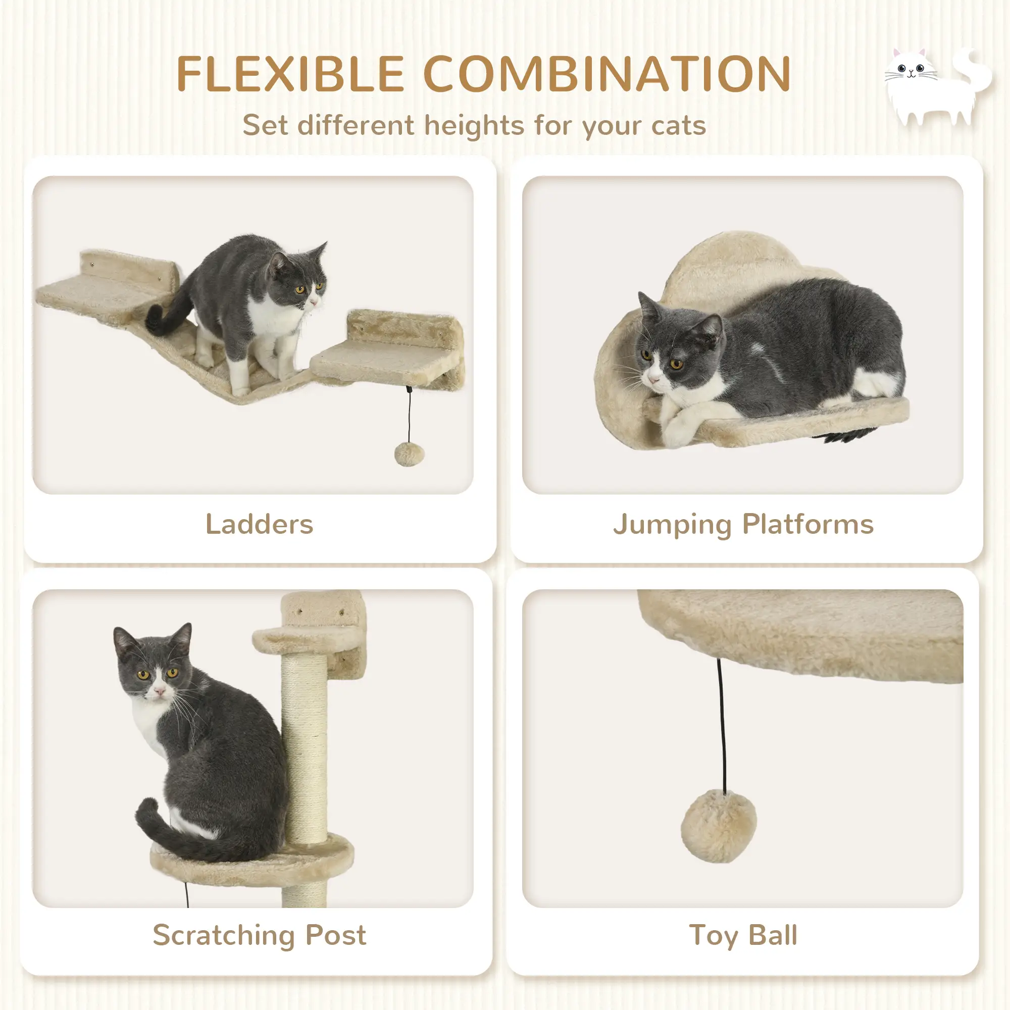 3 Pcs Cat Wall Climber, Scratching Post, Ladder, Perches, Beige - Image 5