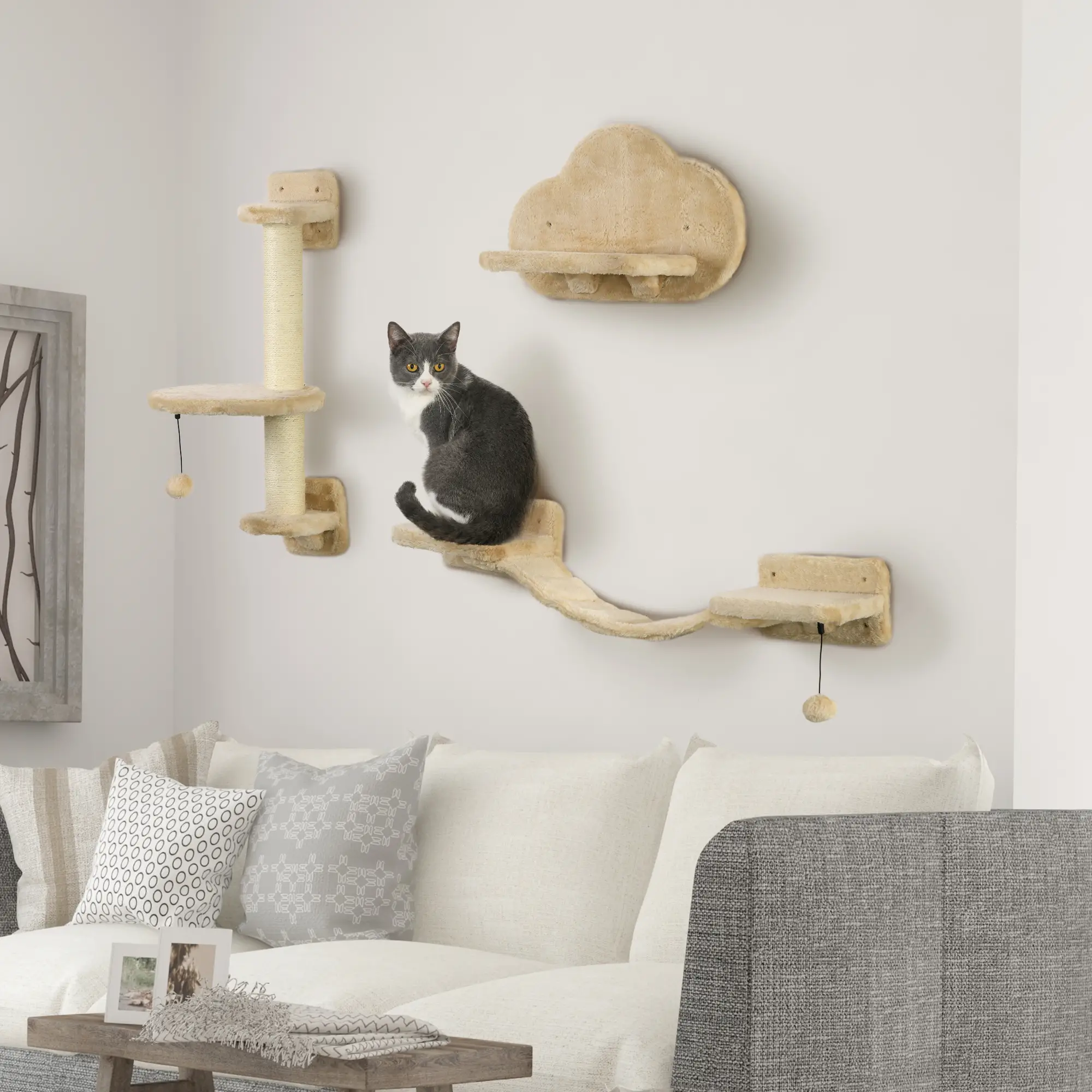 3 Pcs Cat Wall Climber, Scratching Post, Ladder, Perches, Beige - Image 8