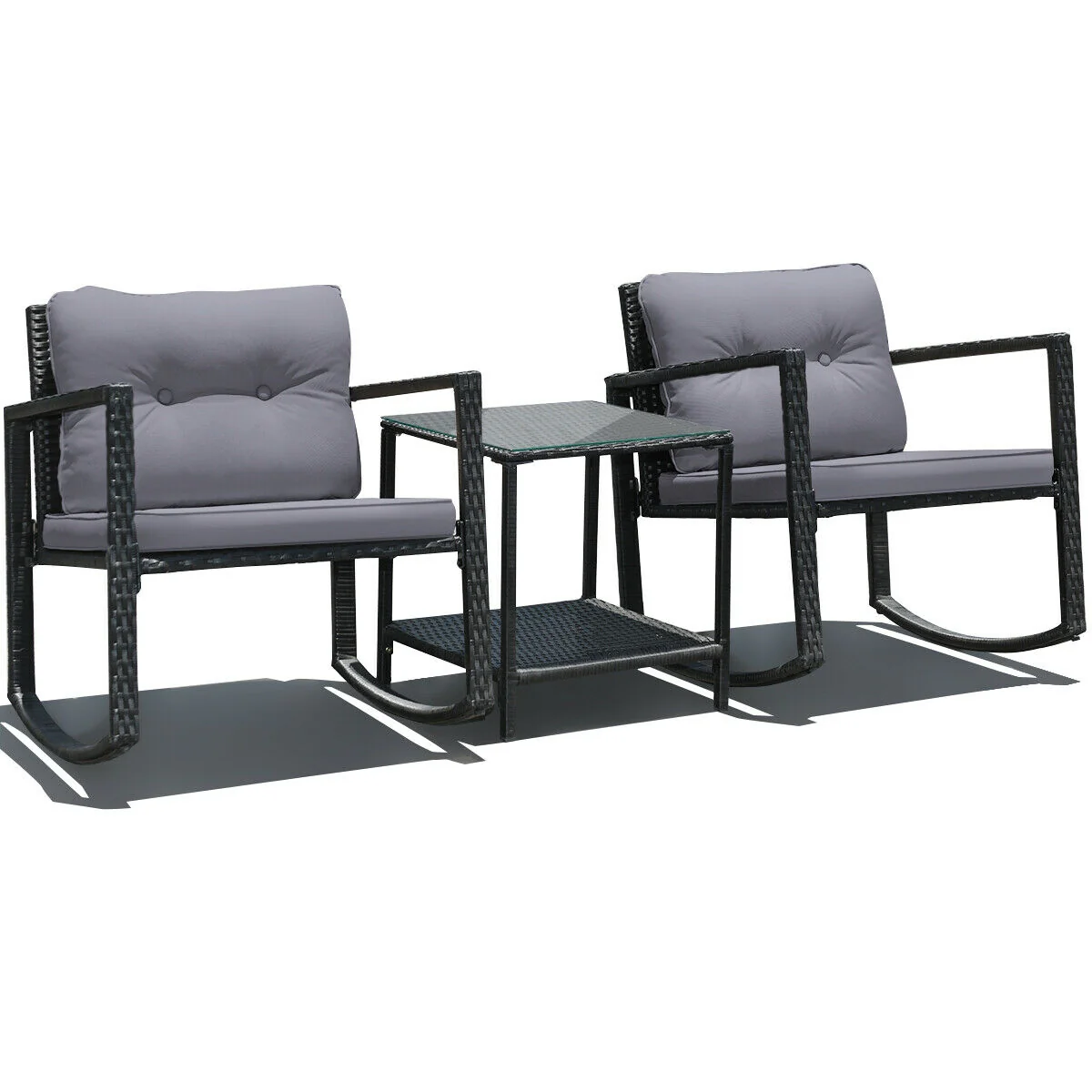 3 Pcs Cushioned Patio Rattan Set, Rocking Chair And Table, Gray