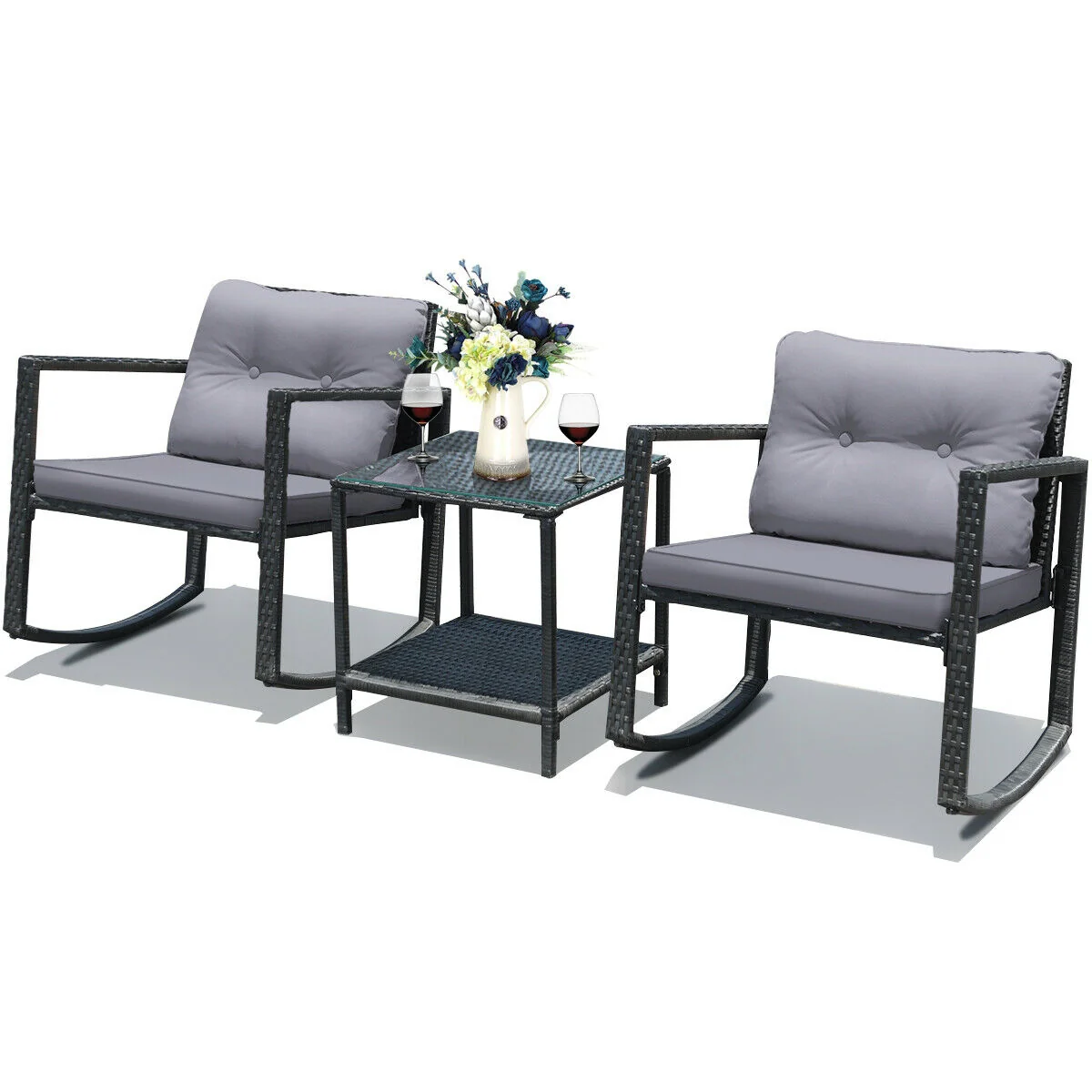 3 Pcs Cushioned Patio Rattan Set, Rocking Chair And Table, Gray - Image 10
