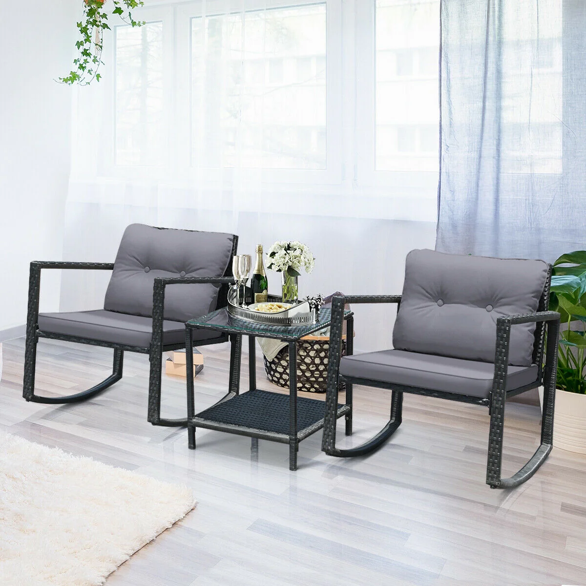 3 Pcs Cushioned Patio Rattan Set, Rocking Chair And Table, Gray - Image 2