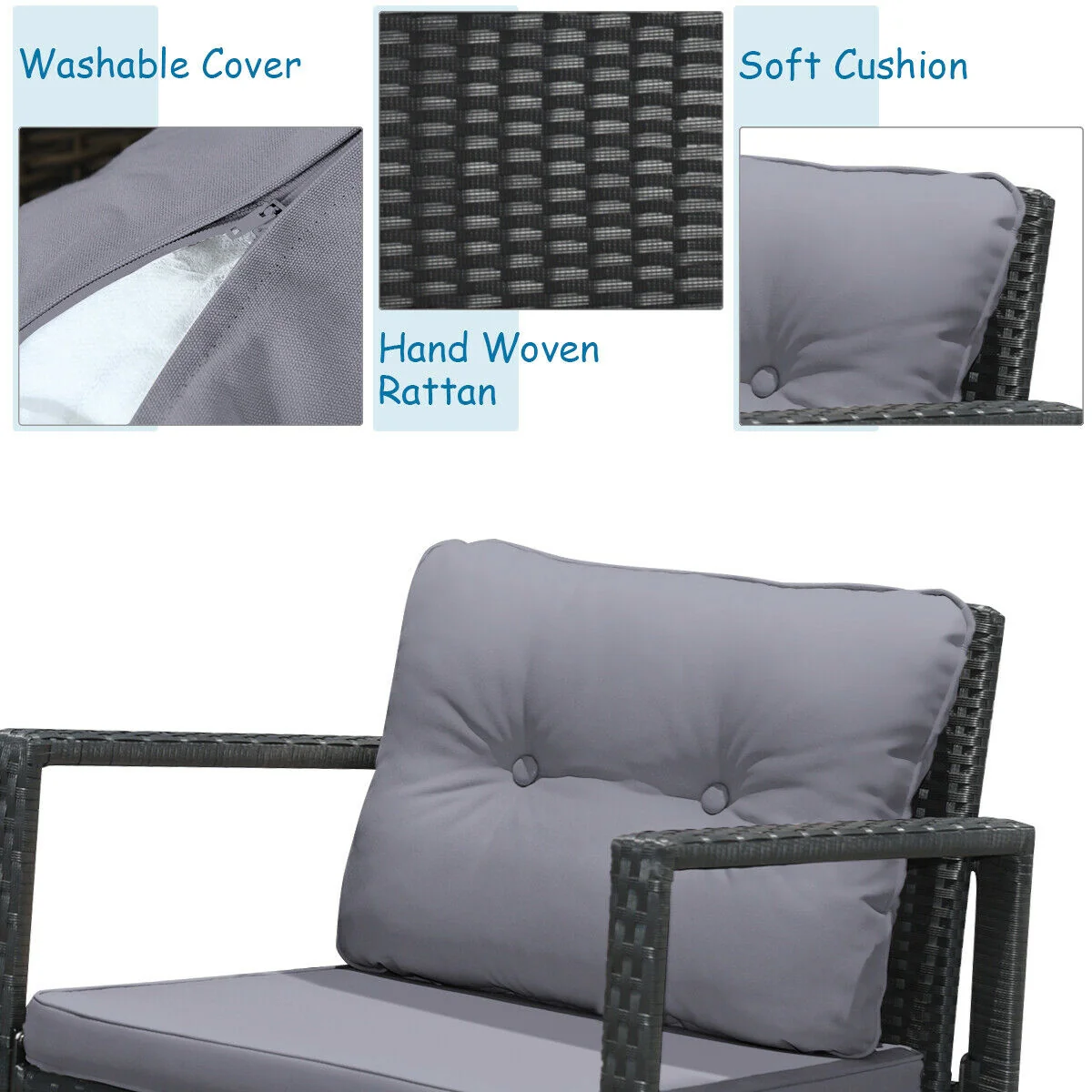 3 Pcs Cushioned Patio Rattan Set, Rocking Chair And Table, Gray - Image 6