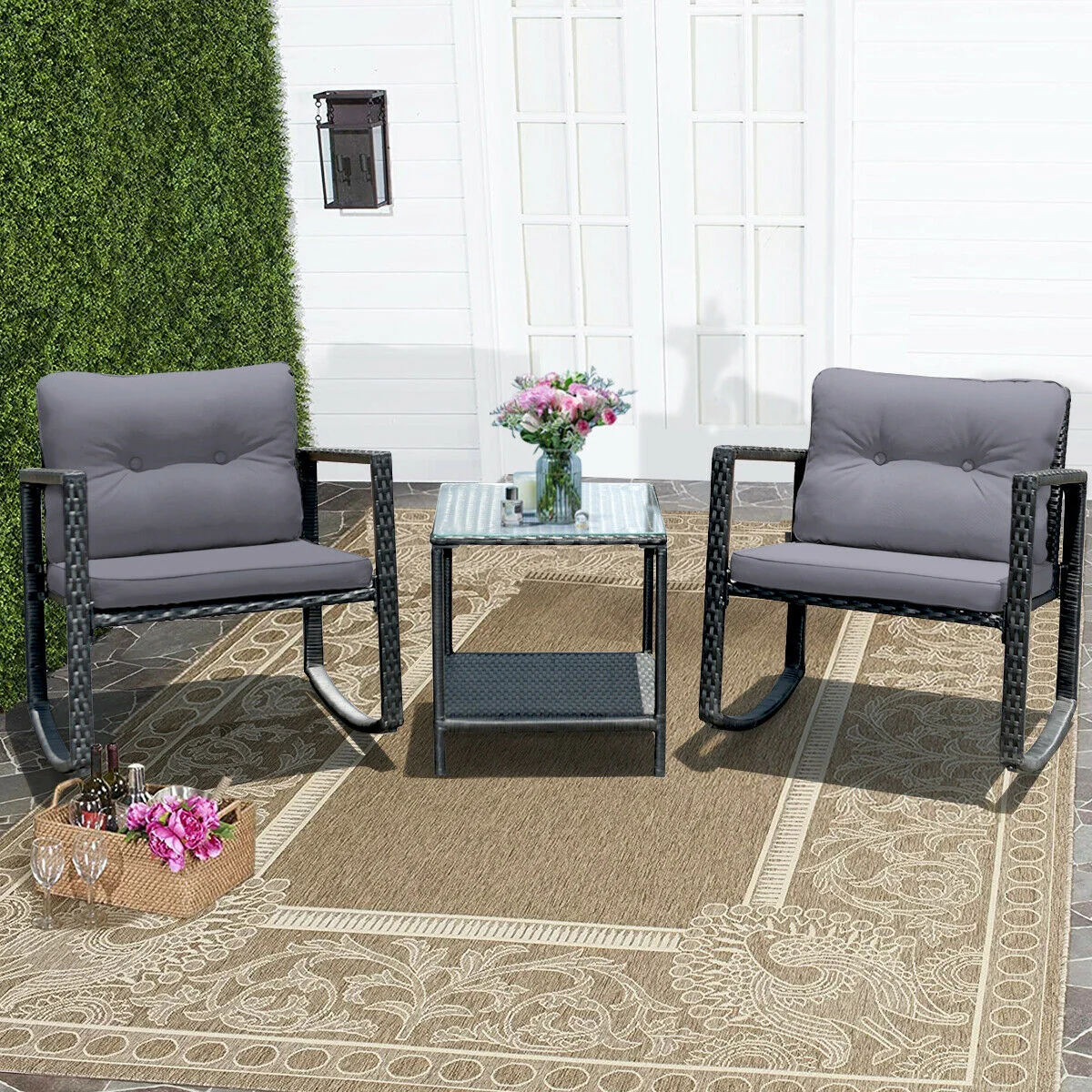 3 Pcs Cushioned Patio Rattan Set, Rocking Chair And Table, Gray - Image 7