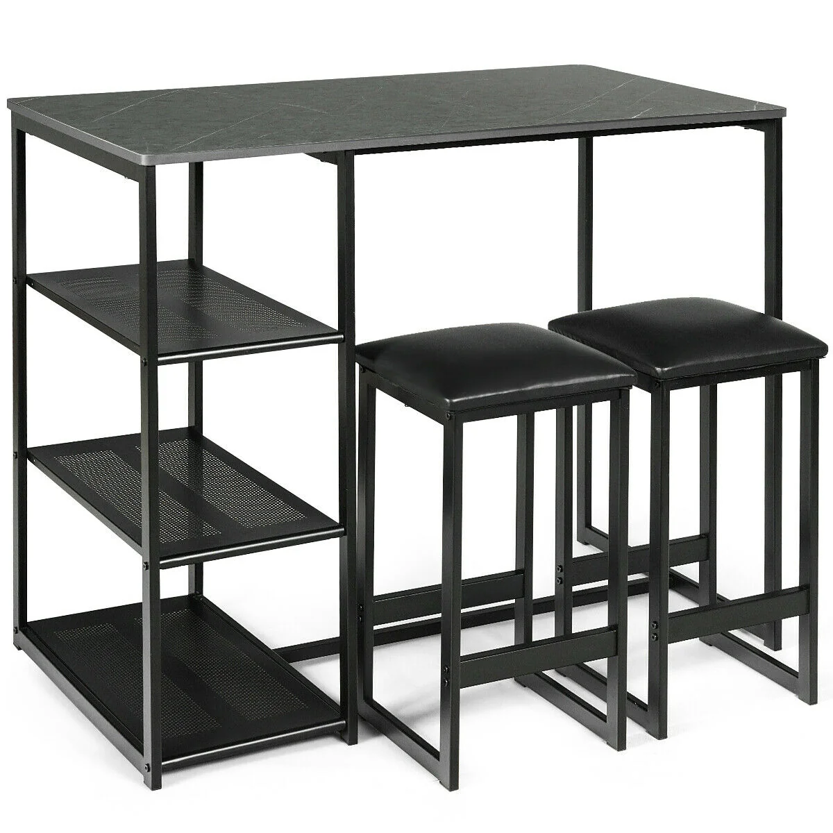 3 Pcs Dining Set, Faux Marble Table, 2 Stools, Black