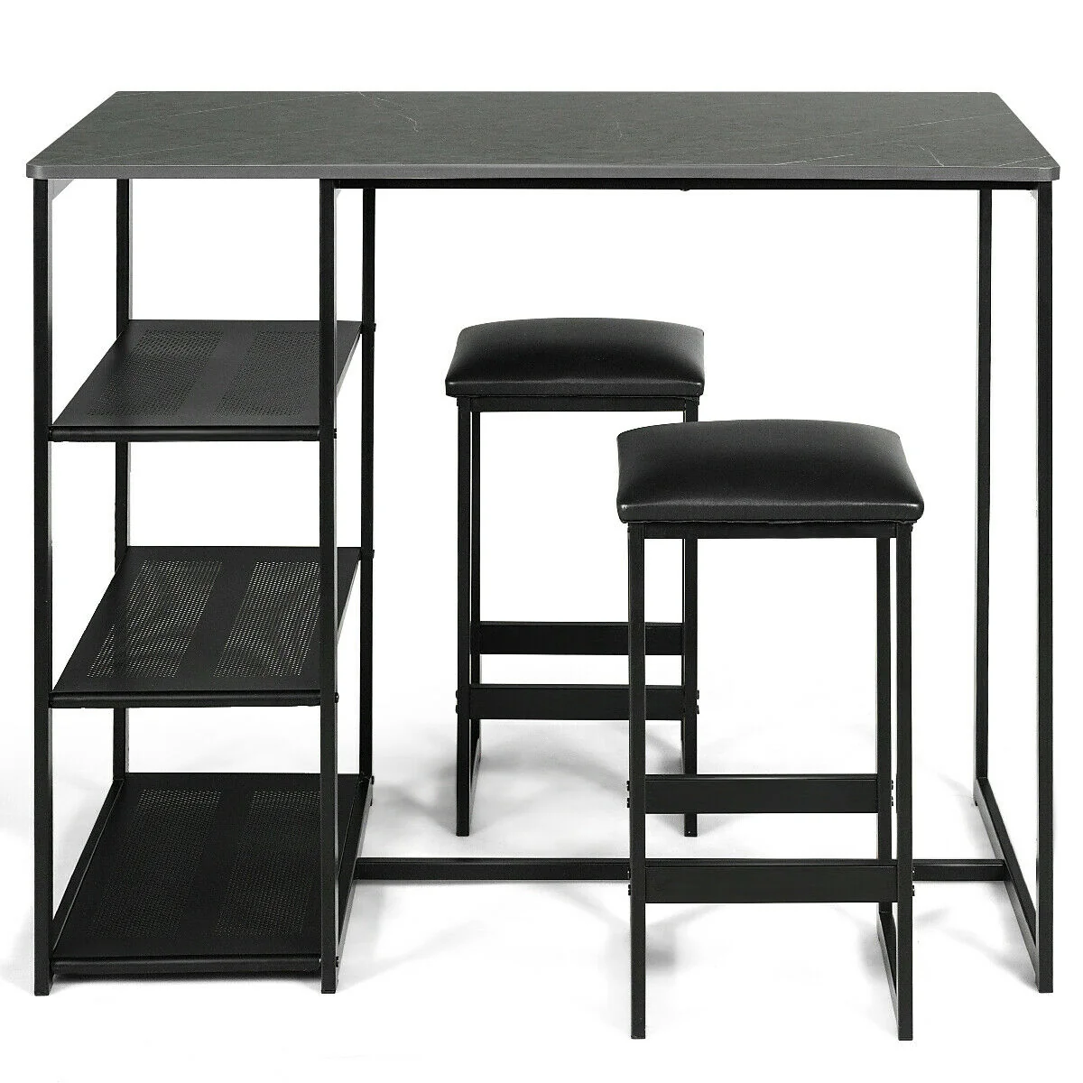 3 Pcs Dining Set, Faux Marble Table, 2 Stools, Black - Image 10