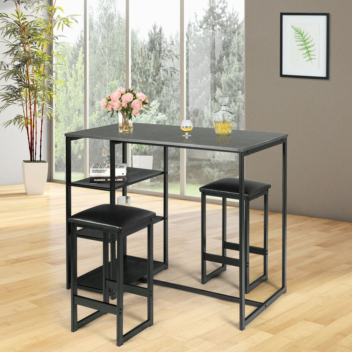 3 Pcs Dining Set, Faux Marble Table, 2 Stools, Black - Image 2