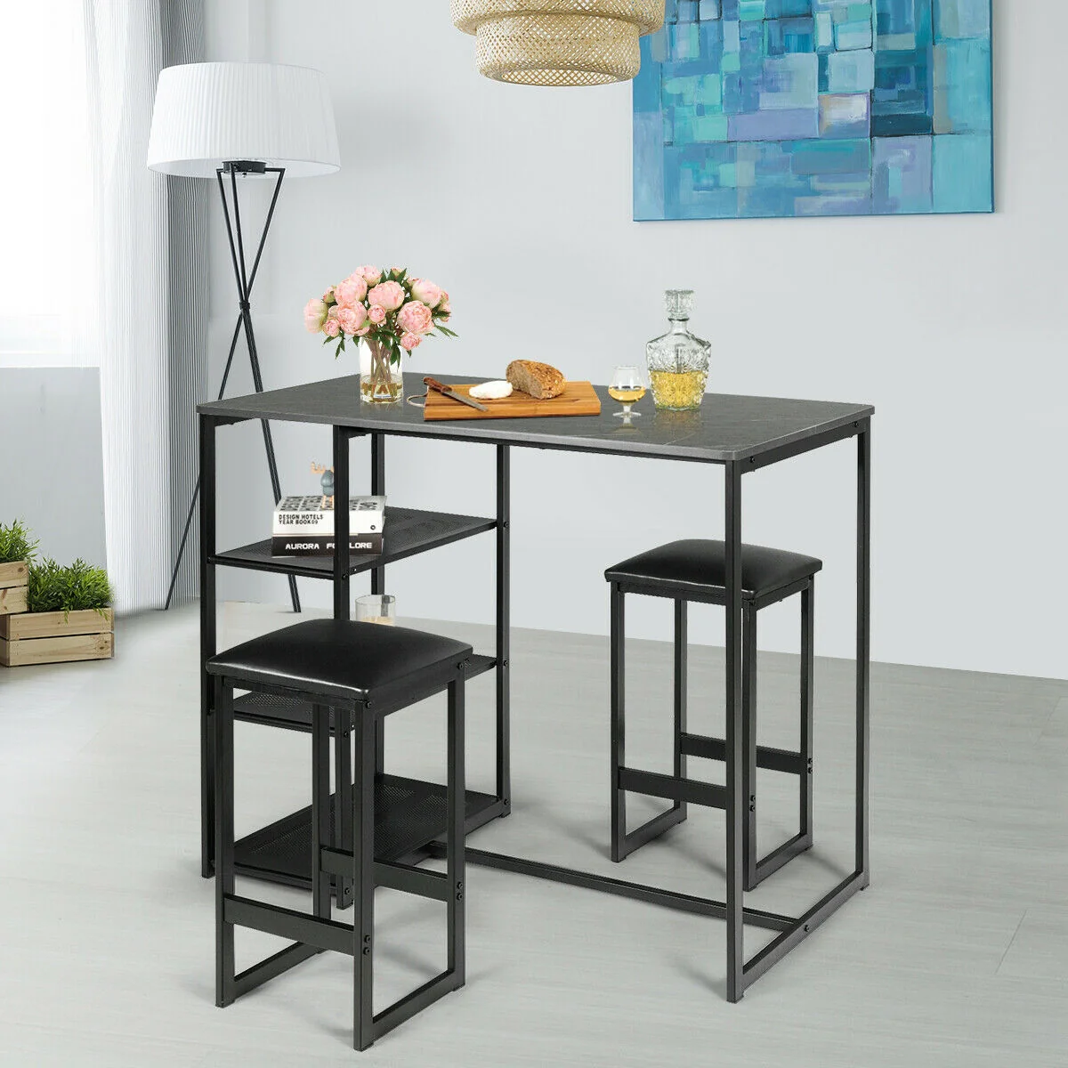 3 Pcs Dining Set, Faux Marble Table, 2 Stools, Black - Image 3
