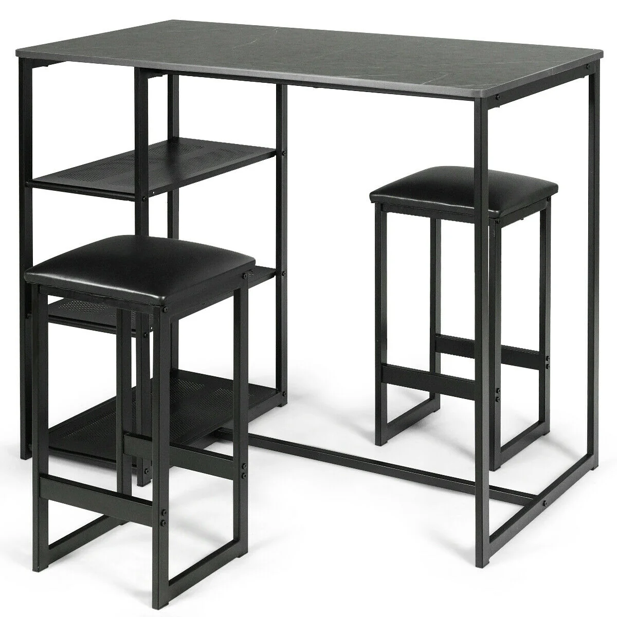 3 Pcs Dining Set, Faux Marble Table, 2 Stools, Black - Image 5