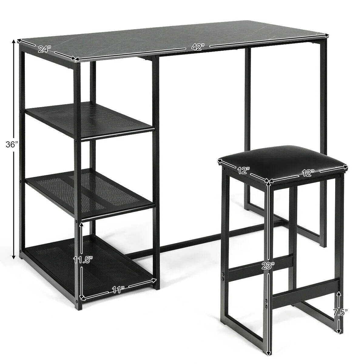 3 Pcs Dining Set, Faux Marble Table, 2 Stools, Black - Image 6