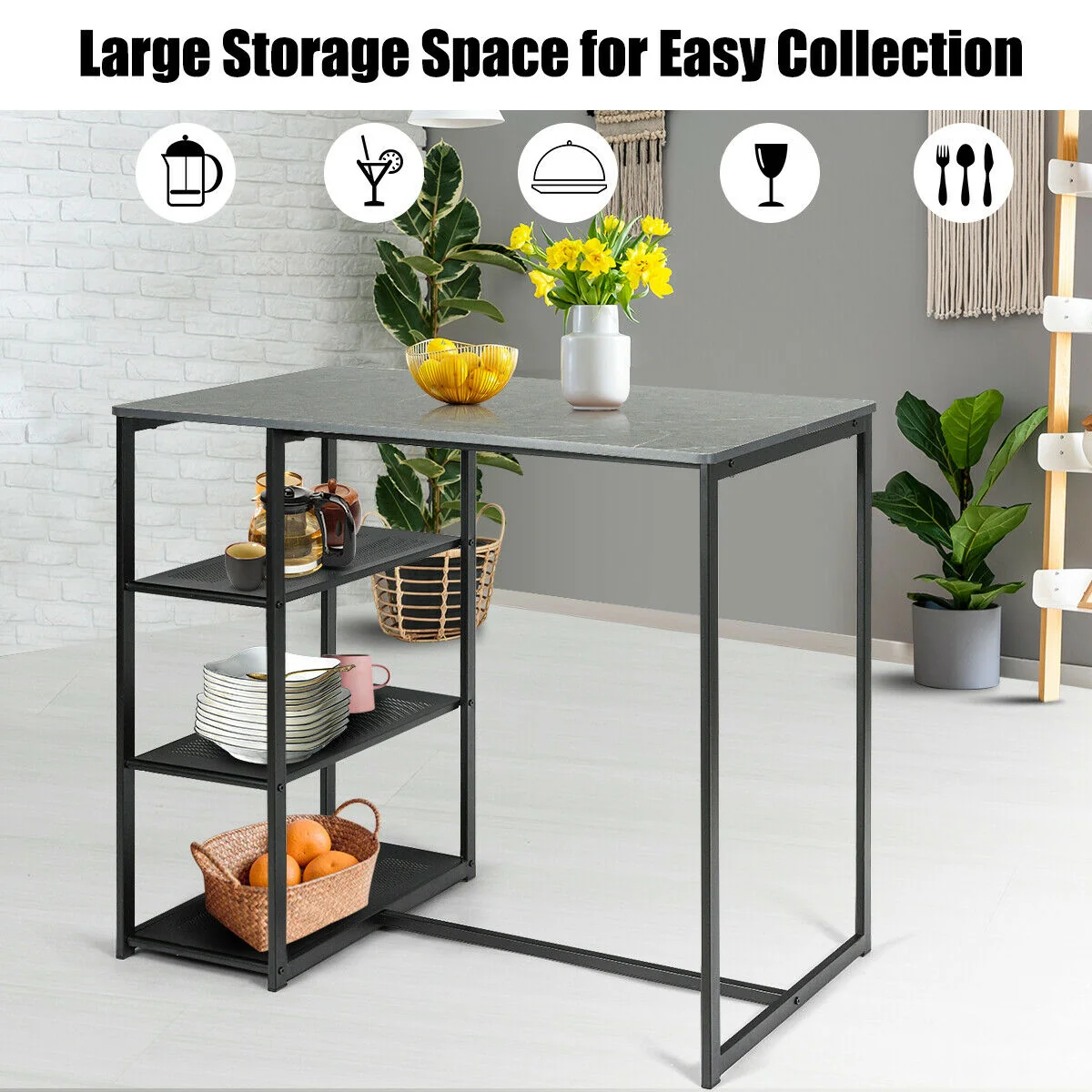 3 Pcs Dining Set, Faux Marble Table, 2 Stools, Black - Image 7