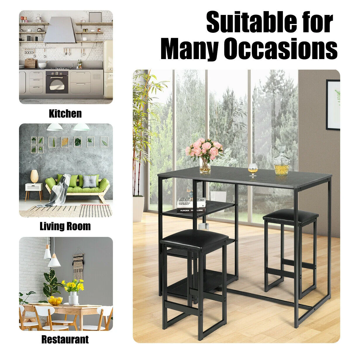 3 Pcs Dining Set, Faux Marble Table, 2 Stools, Black - Image 8