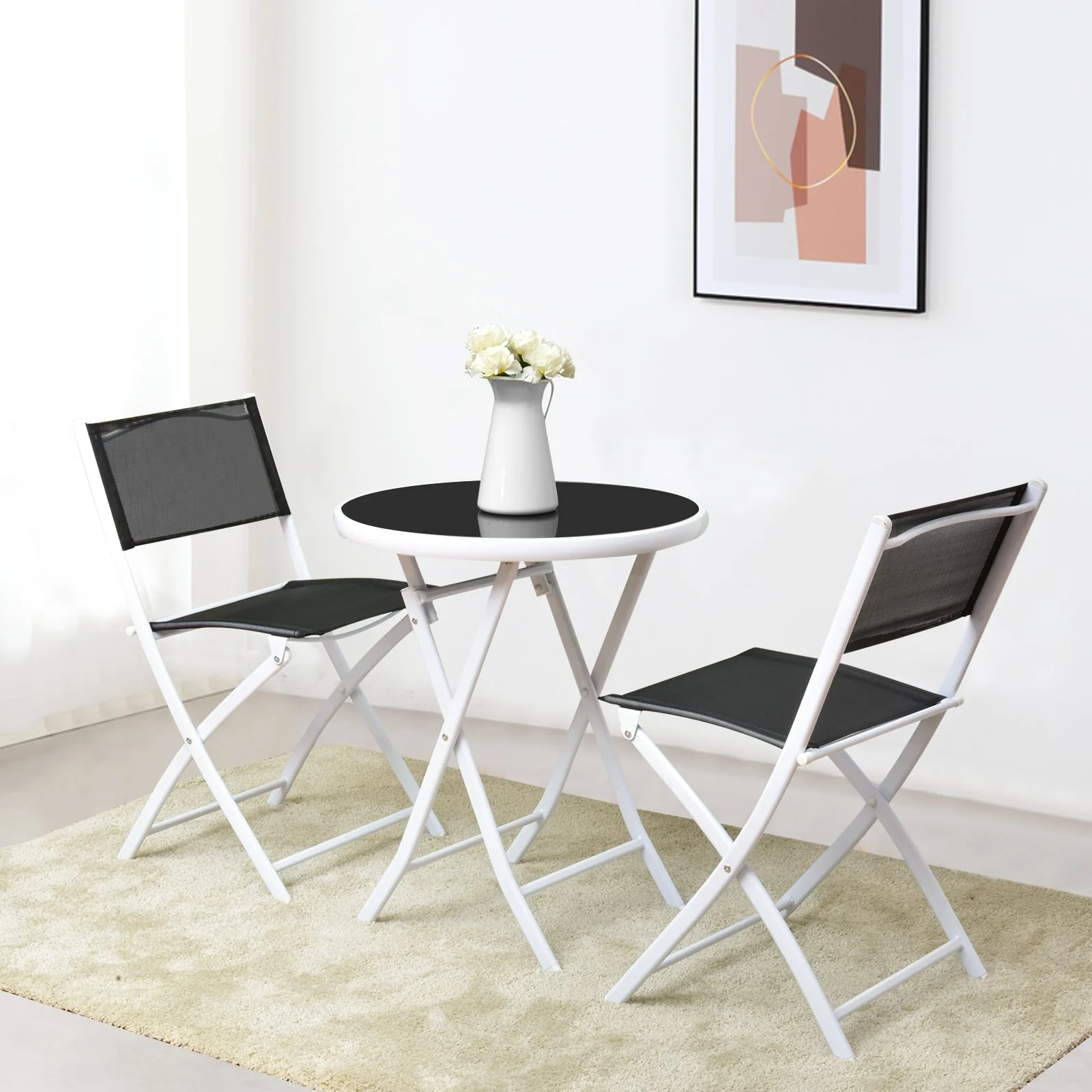 3 PCS Folding Bistro Table Chairs Set Garden Backyard Patio Furniture Black New, Black - Image 2
