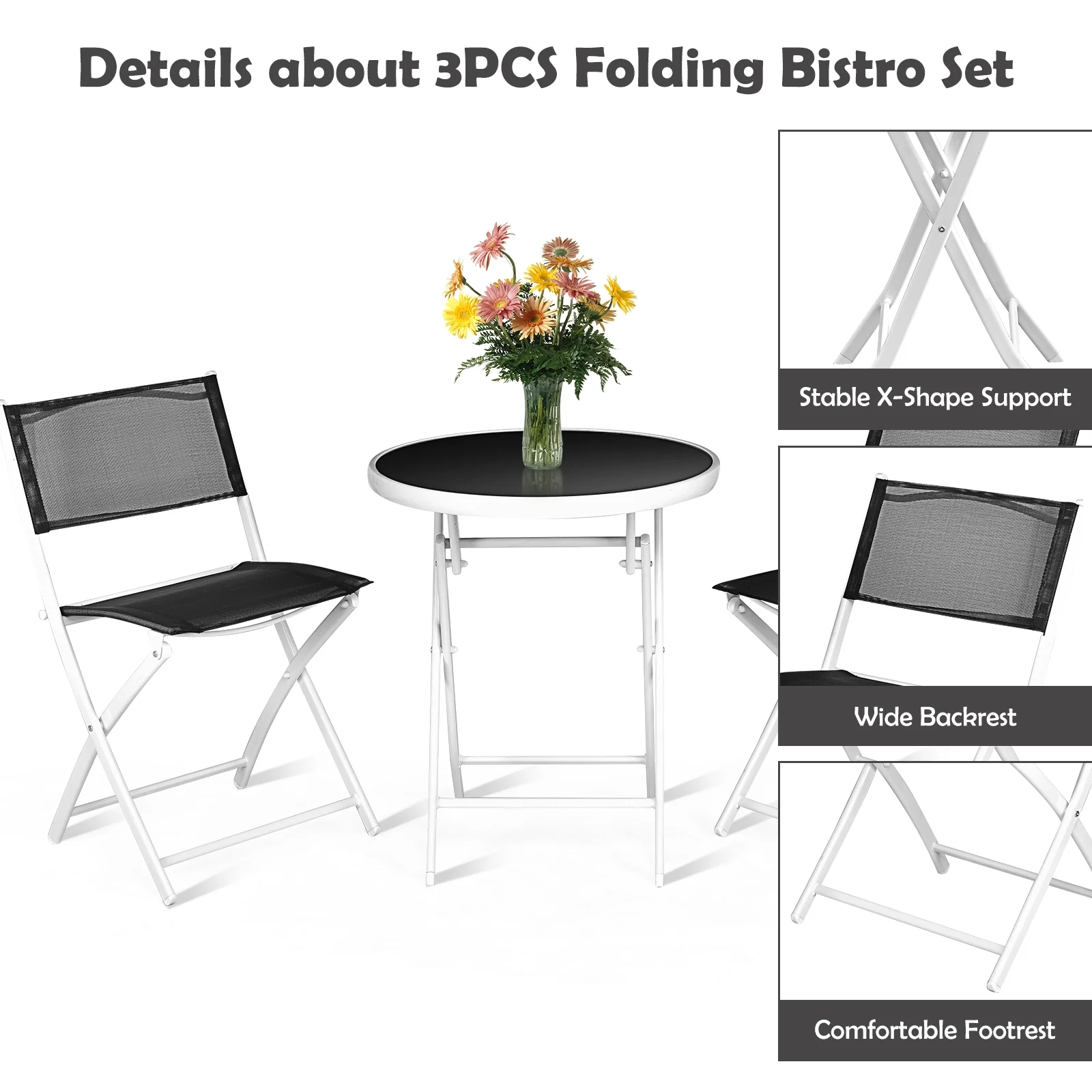 3 PCS Folding Bistro Table Chairs Set Garden Backyard Patio Furniture Black New, Black - Image 6