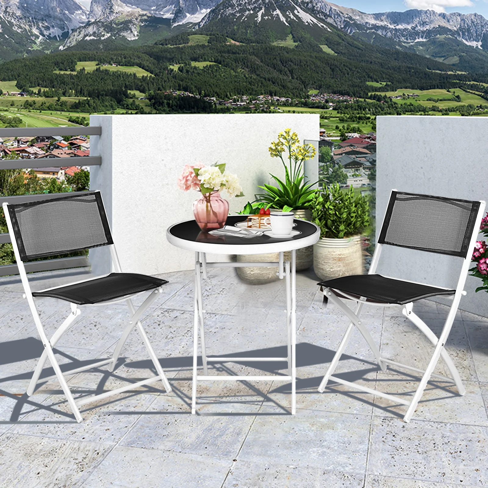 3 PCS Folding Bistro Table Chairs Set Garden Backyard Patio Furniture Black New, Black - Image 9