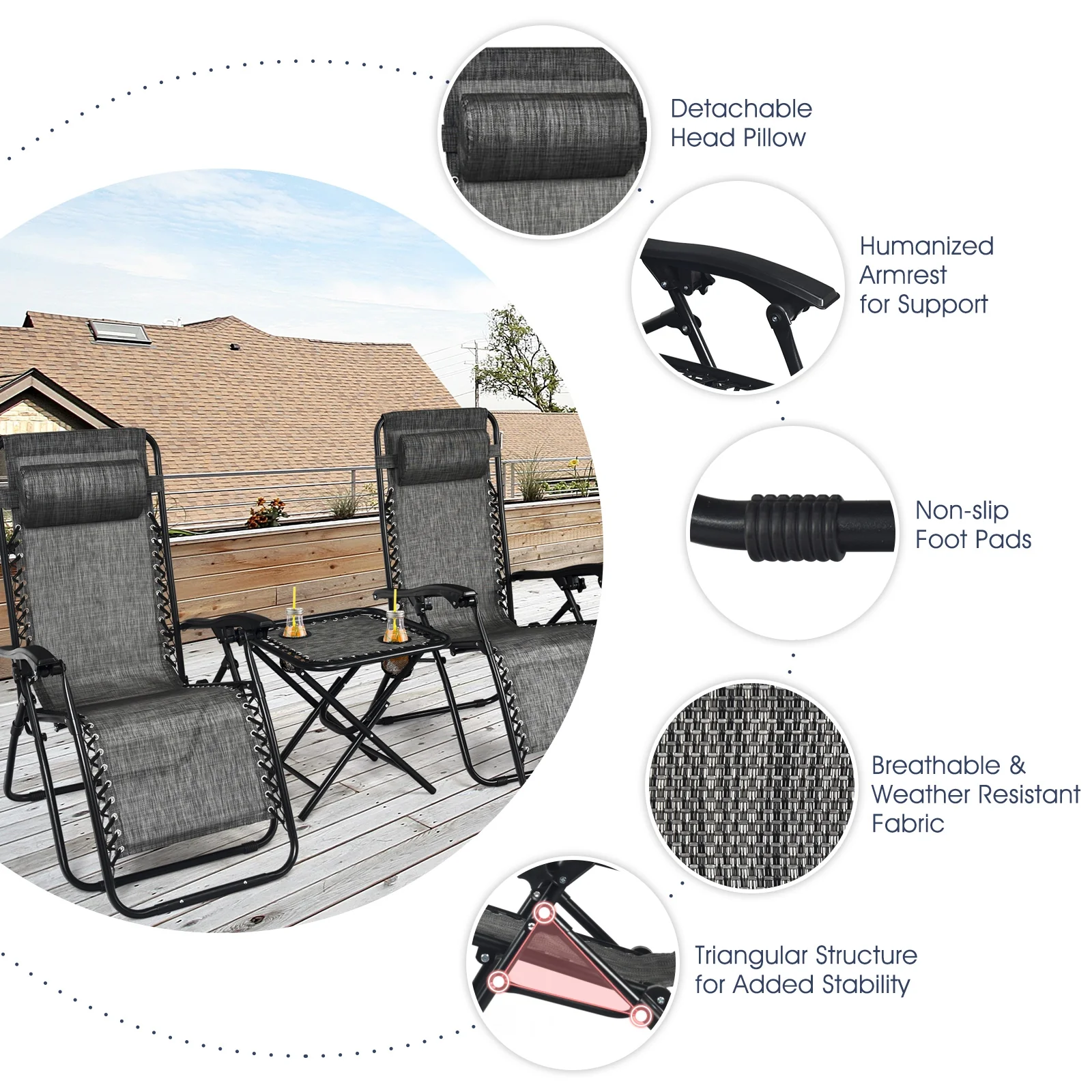 3 Pcs Folding Portable Zero Gravity Reclining Lounge Chairs Table, Gray - Image 10