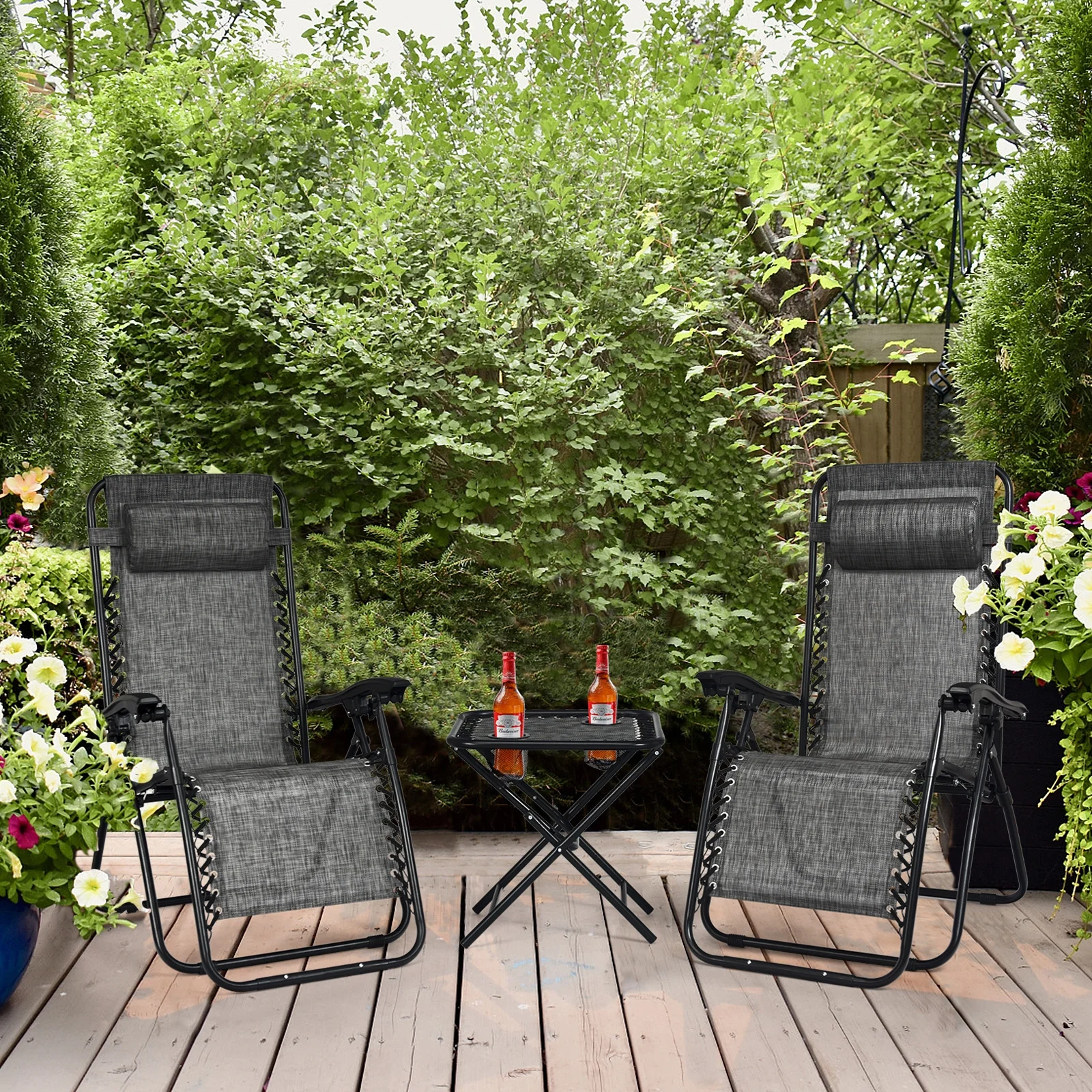 3 Pcs Folding Portable Zero Gravity Reclining Lounge Chairs Table, Gray - Image 2