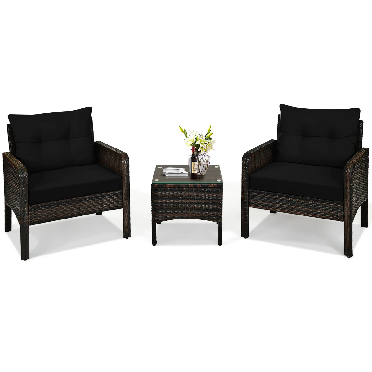 3 Pcs Outdoor Patio Rattan Conversation Set, Black