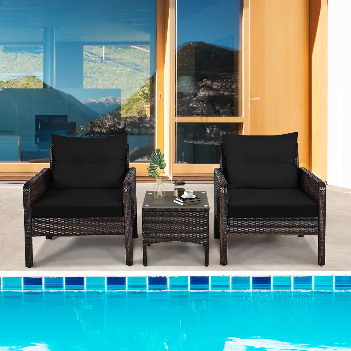 3 Pcs Outdoor Patio Rattan Conversation Set, Black - Image 8