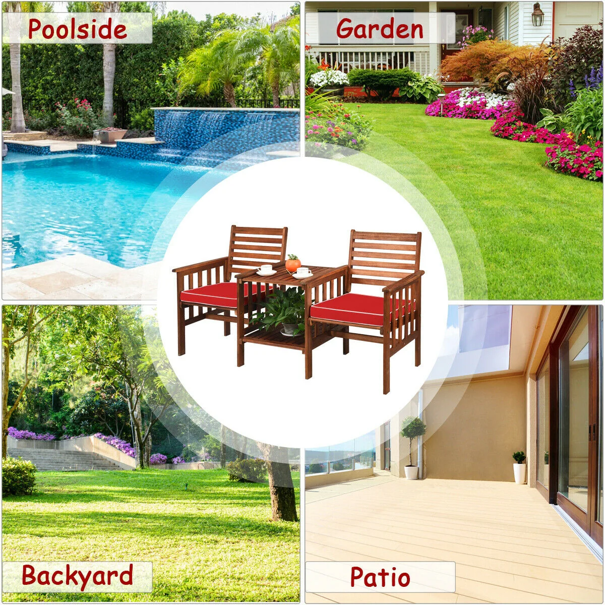 3 Pcs Outdoor Patio Table Chairs Set, Acacia Wood Loveseat, Red - Image 10
