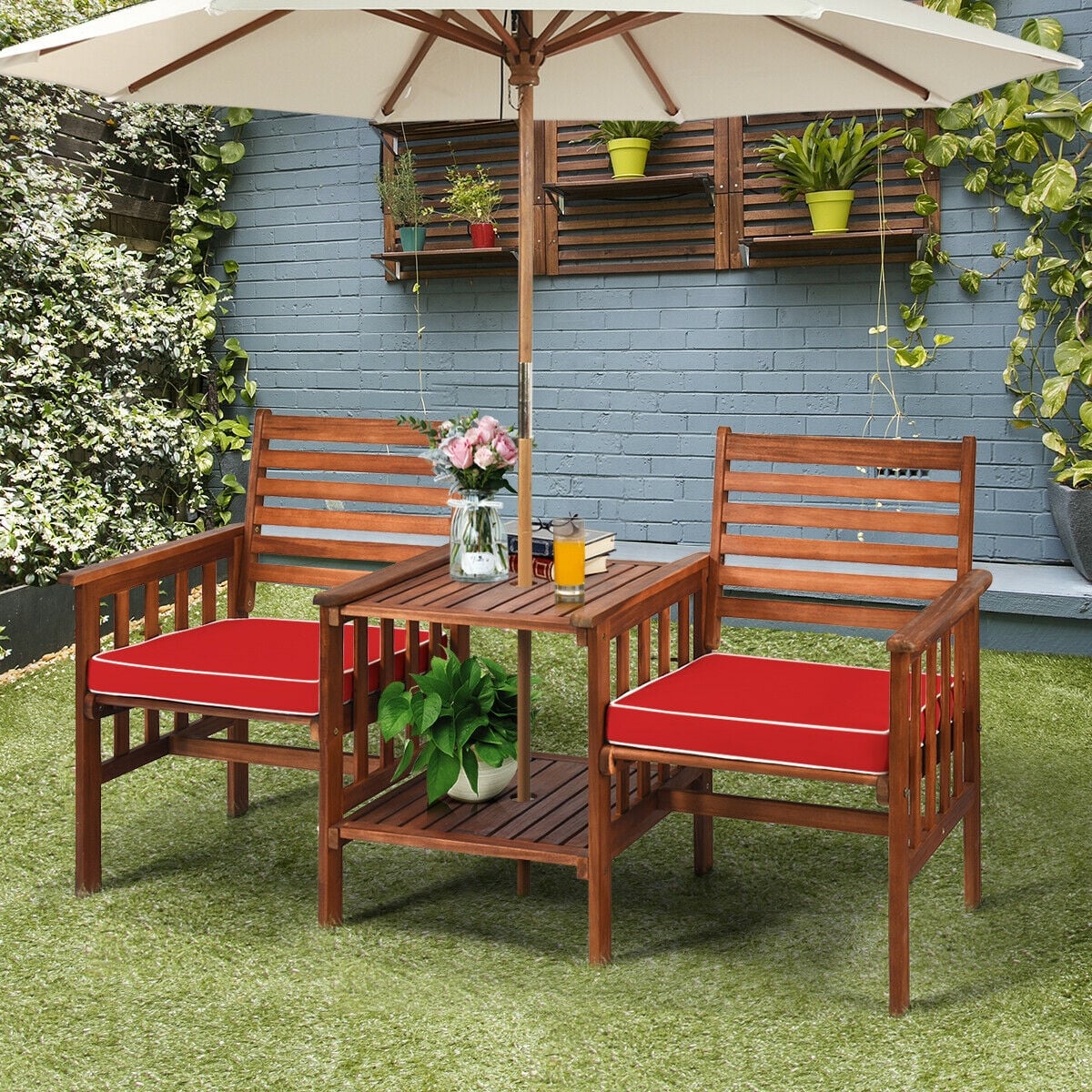 3 Pcs Outdoor Patio Table Chairs Set, Acacia Wood Loveseat, Red - Image 2