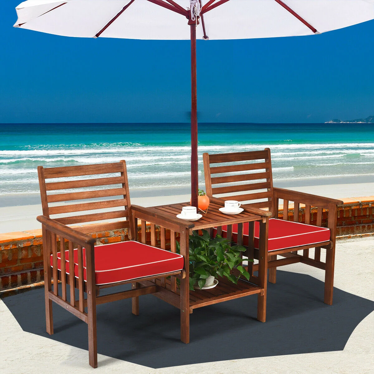 3 Pcs Outdoor Patio Table Chairs Set, Acacia Wood Loveseat, Red - Image 3