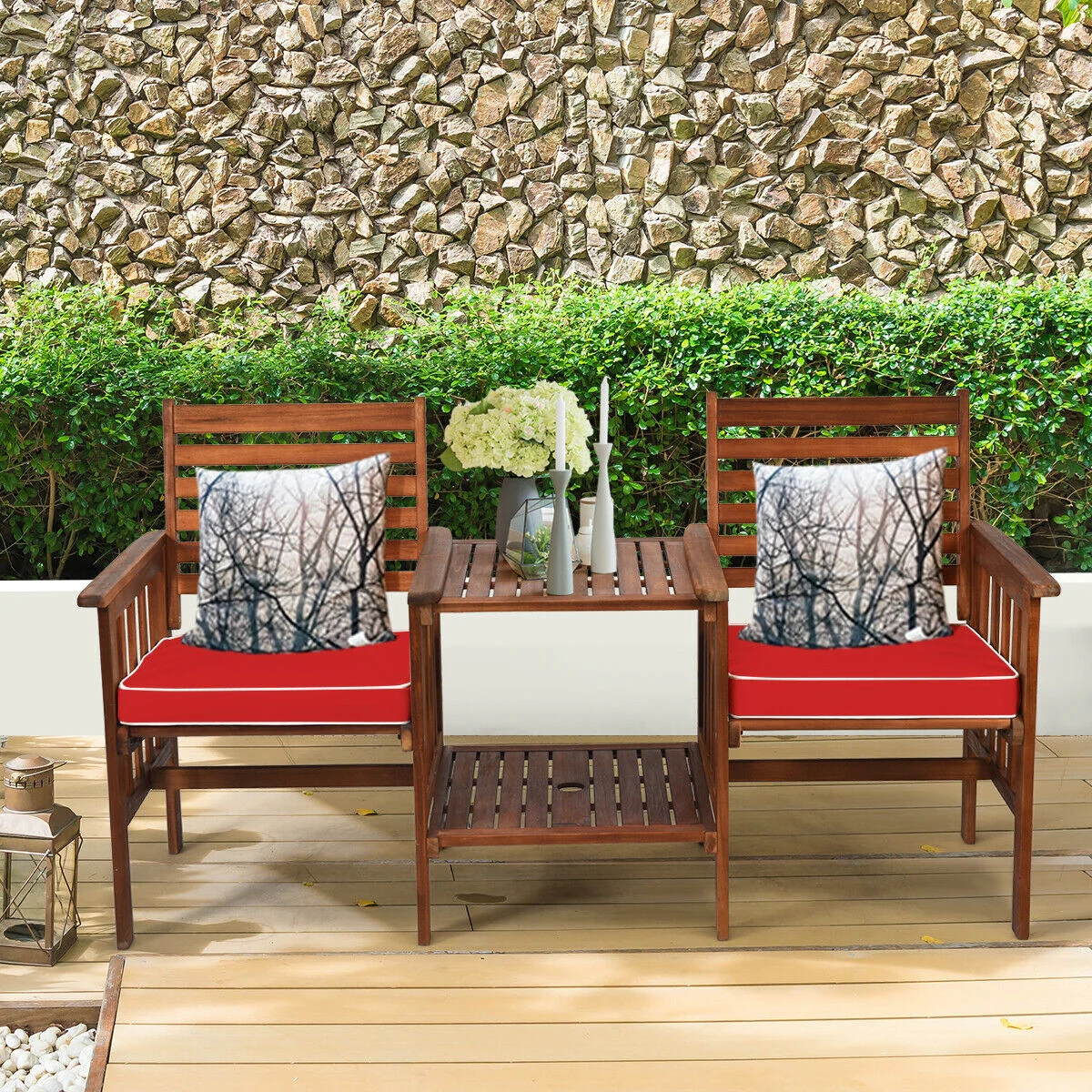 3 Pcs Outdoor Patio Table Chairs Set, Acacia Wood Loveseat, Red - Image 4