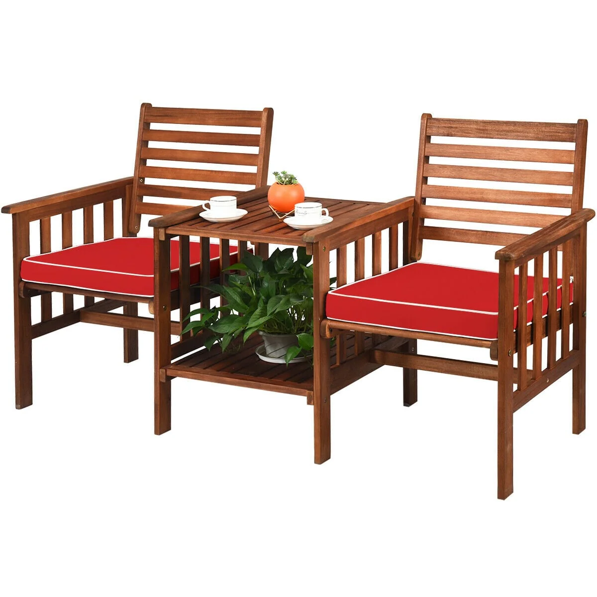 3 Pcs Outdoor Patio Table Chairs Set, Acacia Wood Loveseat, Red - Image 5