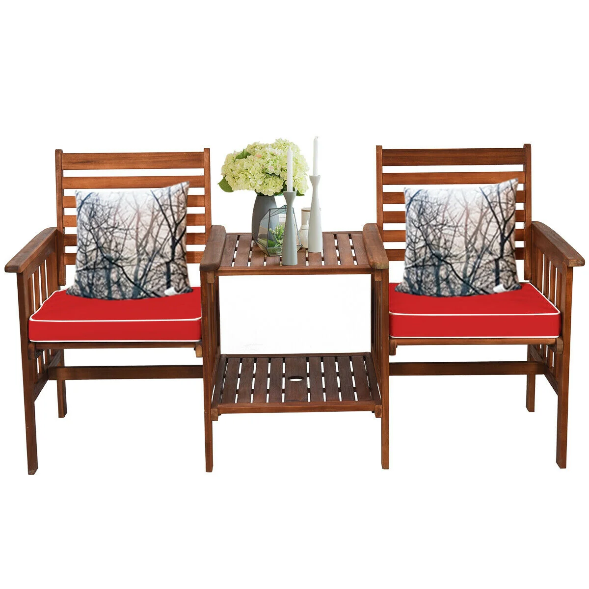 3 Pcs Outdoor Patio Table Chairs Set, Acacia Wood Loveseat, Red - Image 6