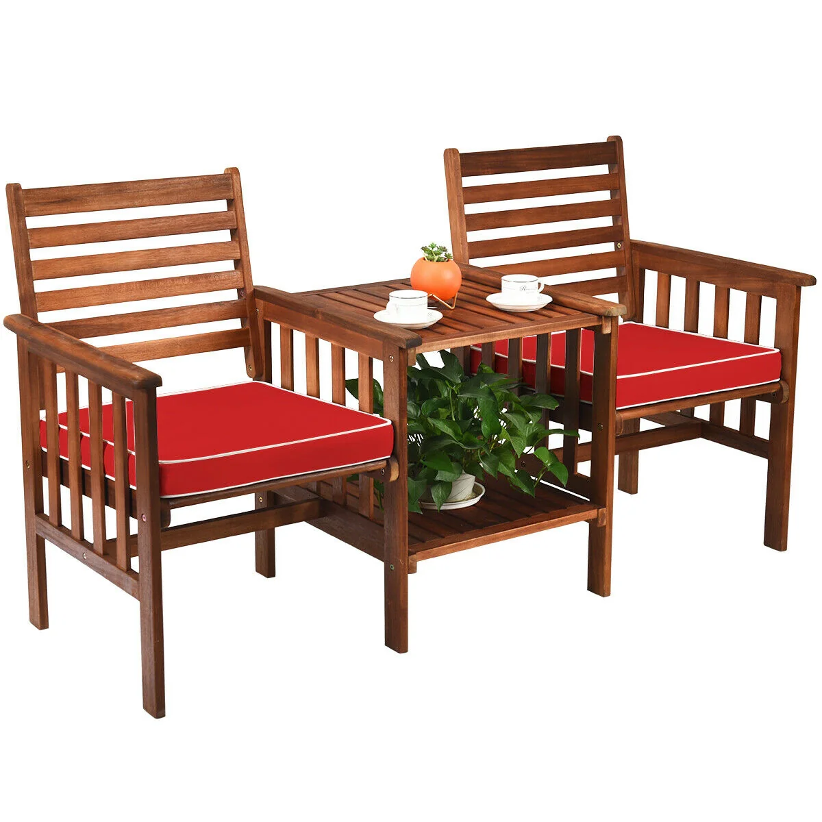 3 Pcs Outdoor Patio Table Chairs Set, Acacia Wood Loveseat, Red - Image 7