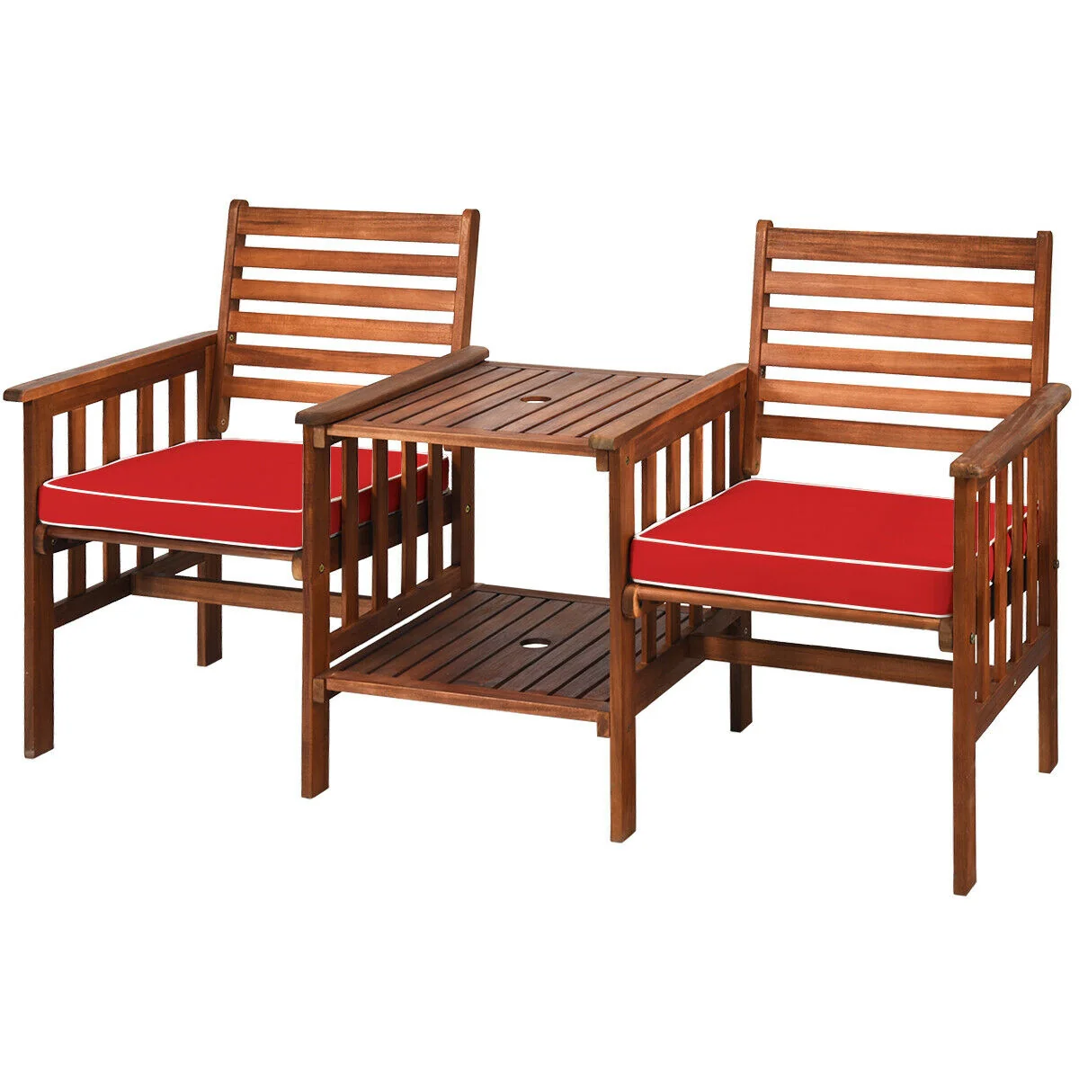 3 Pcs Outdoor Patio Table Chairs Set, Acacia Wood Loveseat, Red - Image 8