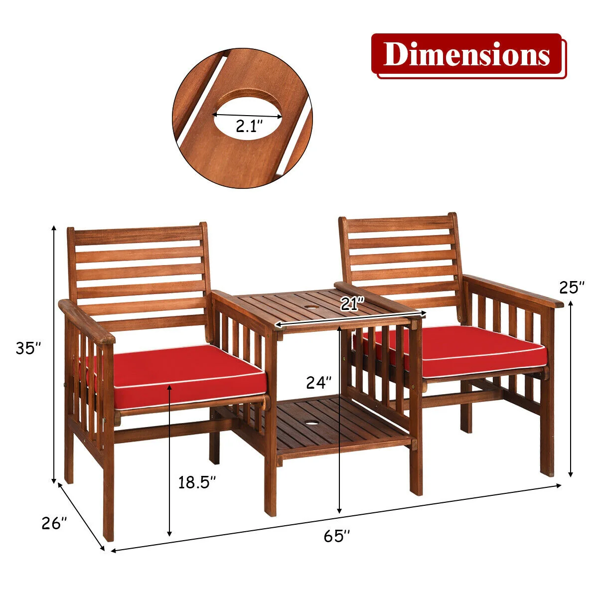 3 Pcs Outdoor Patio Table Chairs Set, Acacia Wood Loveseat, Red - Image 9