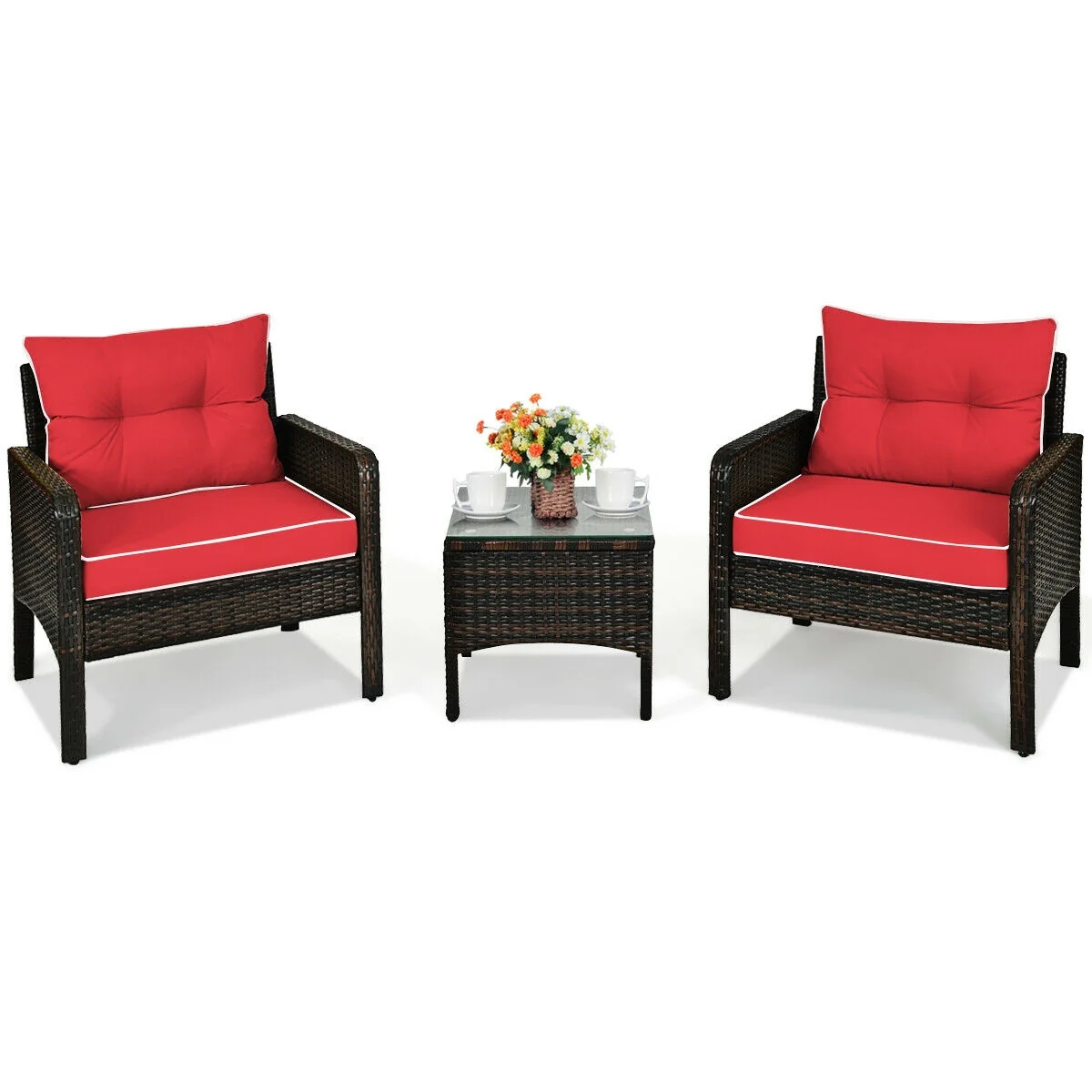 3 Pcs Outdoor Rattan Conversation Set, With Seat Cushions, Red