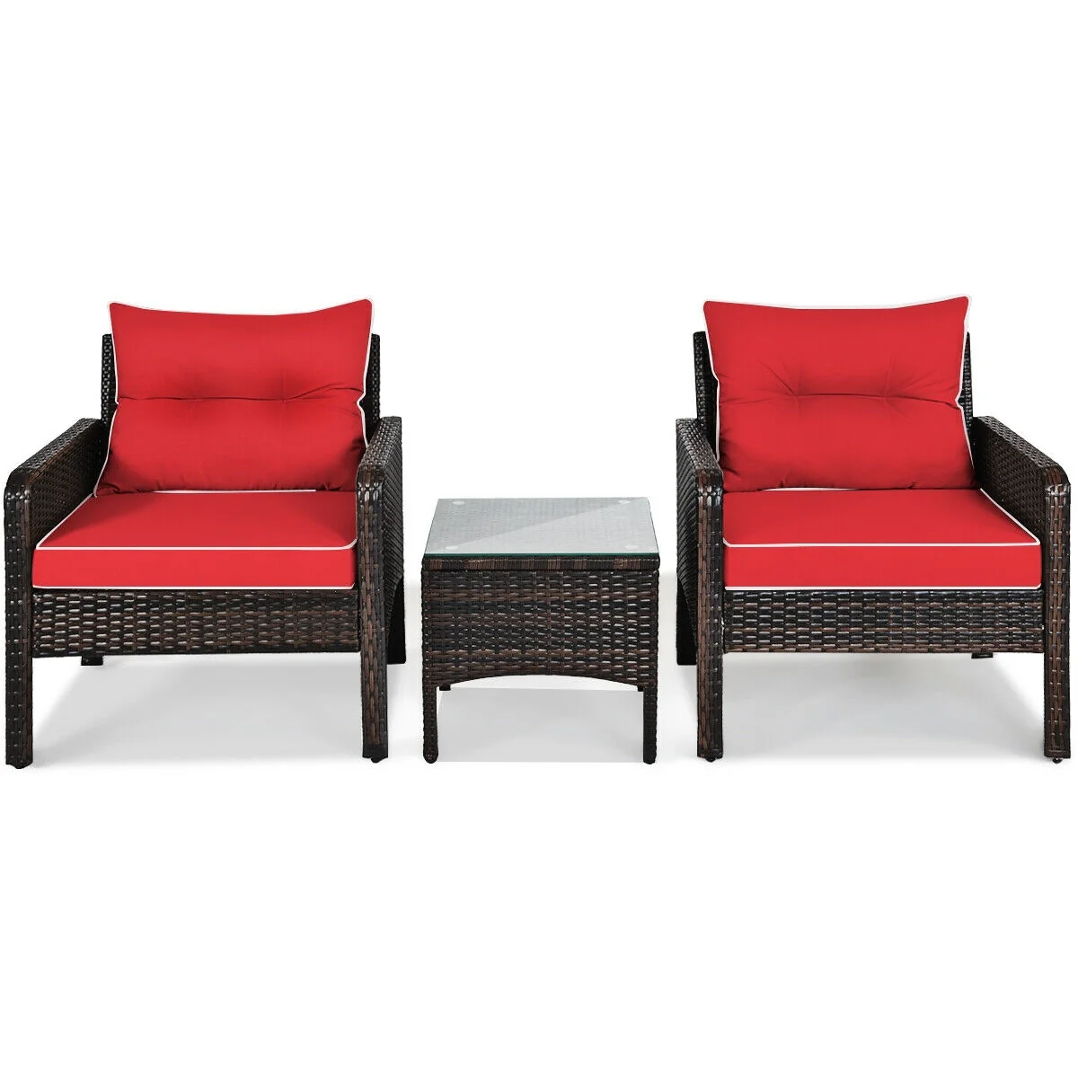 3 Pcs Outdoor Rattan Conversation Set, With Seat Cushions, Red - Image 10