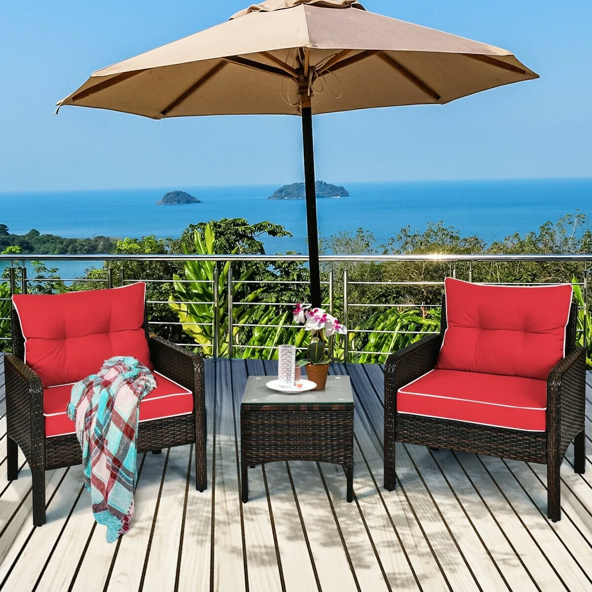 3 Pcs Outdoor Rattan Conversation Set, With Seat Cushions, Red - Image 2